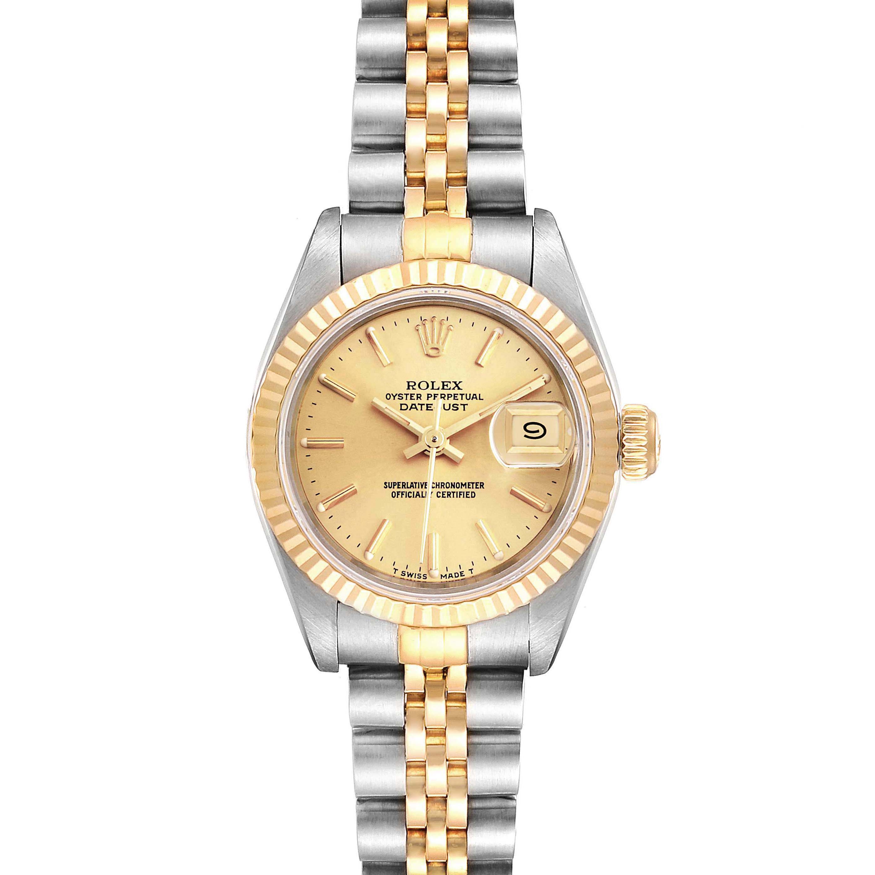 This is a front view of a Rolex Datejust 69173 Women's Steel and Gold (two tone) Champagne Dial 69173 Women's Steel and Gold (two tone) Champagne Dial watch showing the face, bezel, and bracelet.