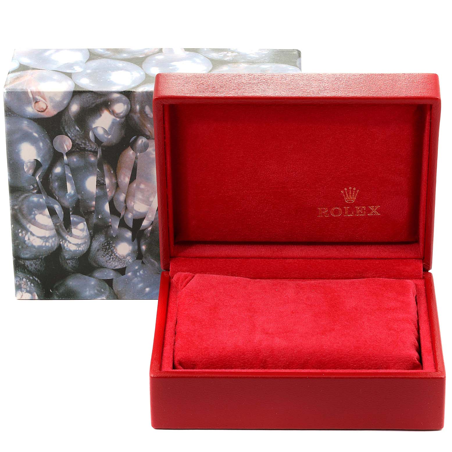 This image shows a red Rolex Datejust 69173 Women's Steel and Gold (two tone) Champagne Dial 69173 Women's Steel and Gold (two tone) Champagne Dial watch box on an angle revealing the interior with the Rolex logo.