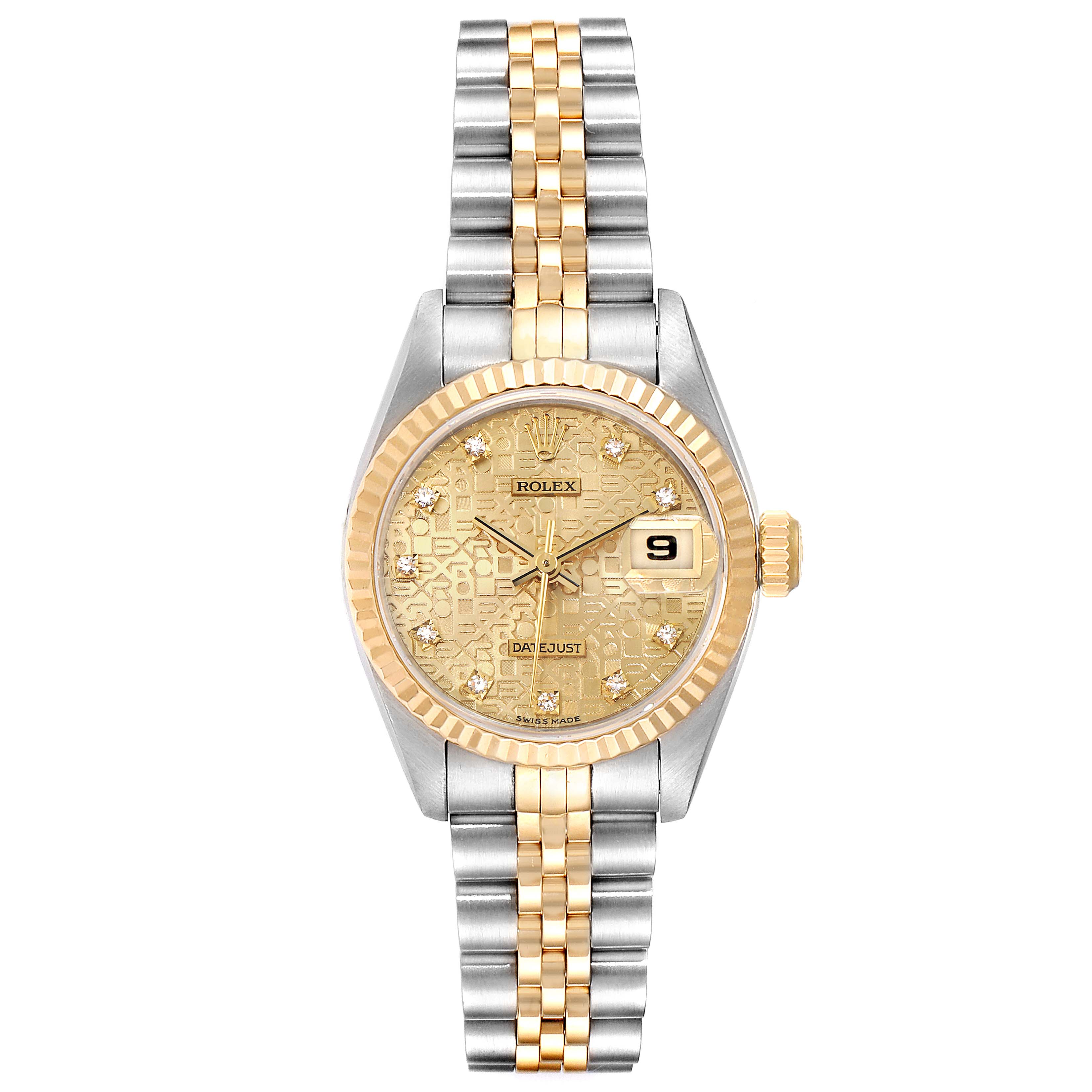 This image shows a Rolex Datejust 79173 Women
s Steel and Gold (two tone) Champagne Dial 79173 Women
s Steel and Gold (two tone) Champagne Dial watch from a front angle, highlighting its gold and silver bracelet, gold dial, and date window.
