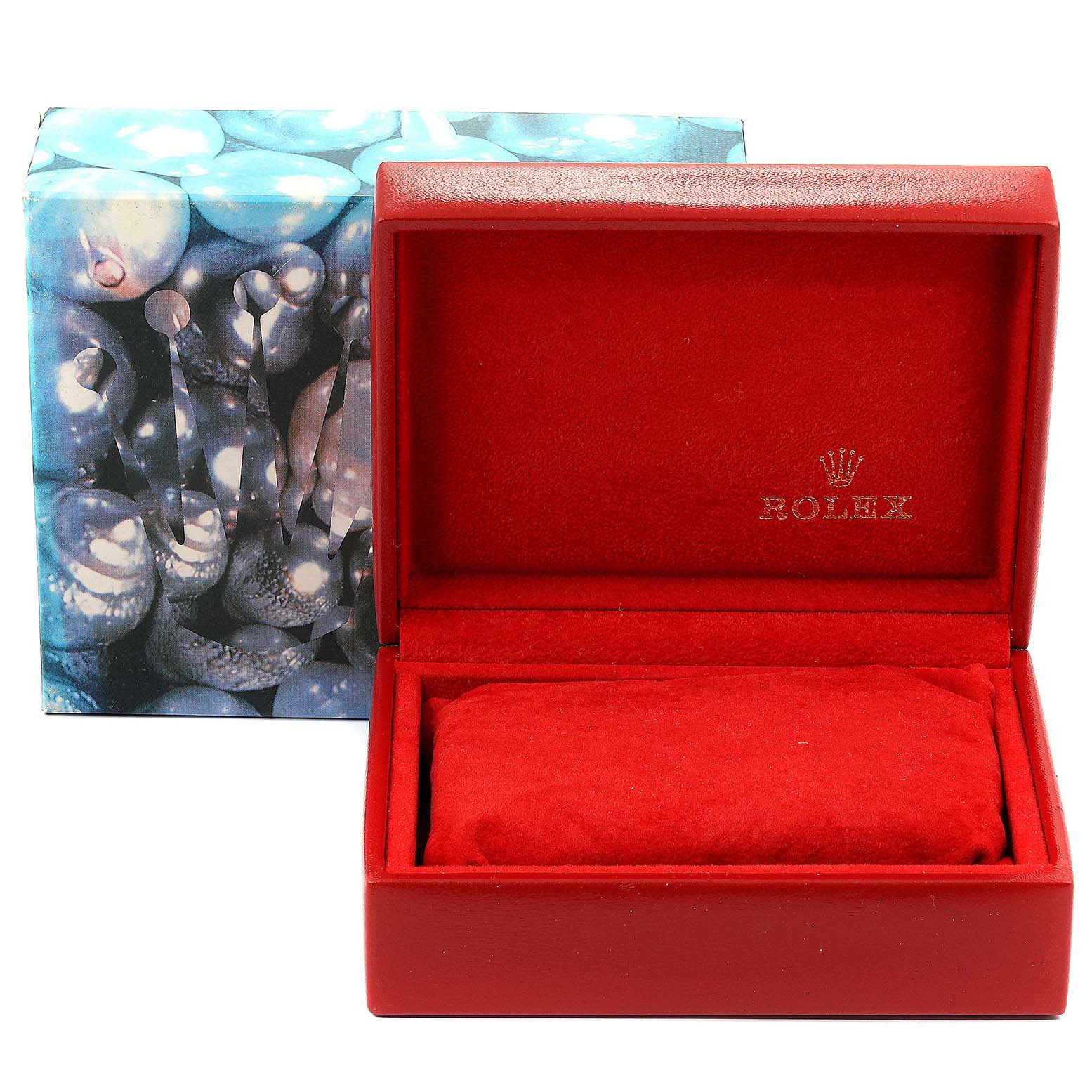 This image shows a red, open Rolex watch box designed for the Datejust model, with the logo inside the lid.