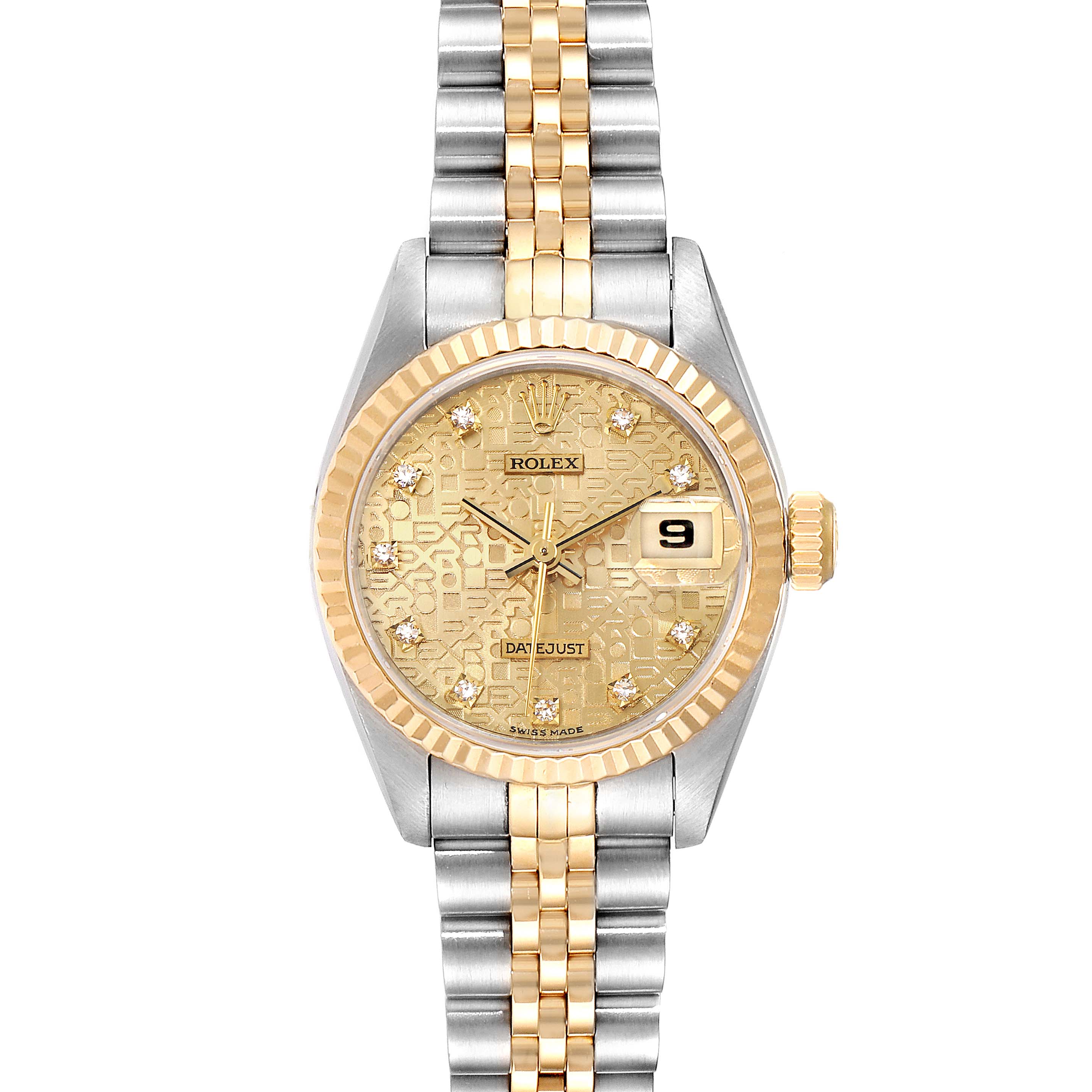 This image shows a Rolex Datejust 79173 Women
s Steel and Gold (two tone) Champagne Dial 79173 Women
s Steel and Gold (two tone) Champagne Dial watch from a front angle, highlighting the dial, bezel, crown, and bracelet.