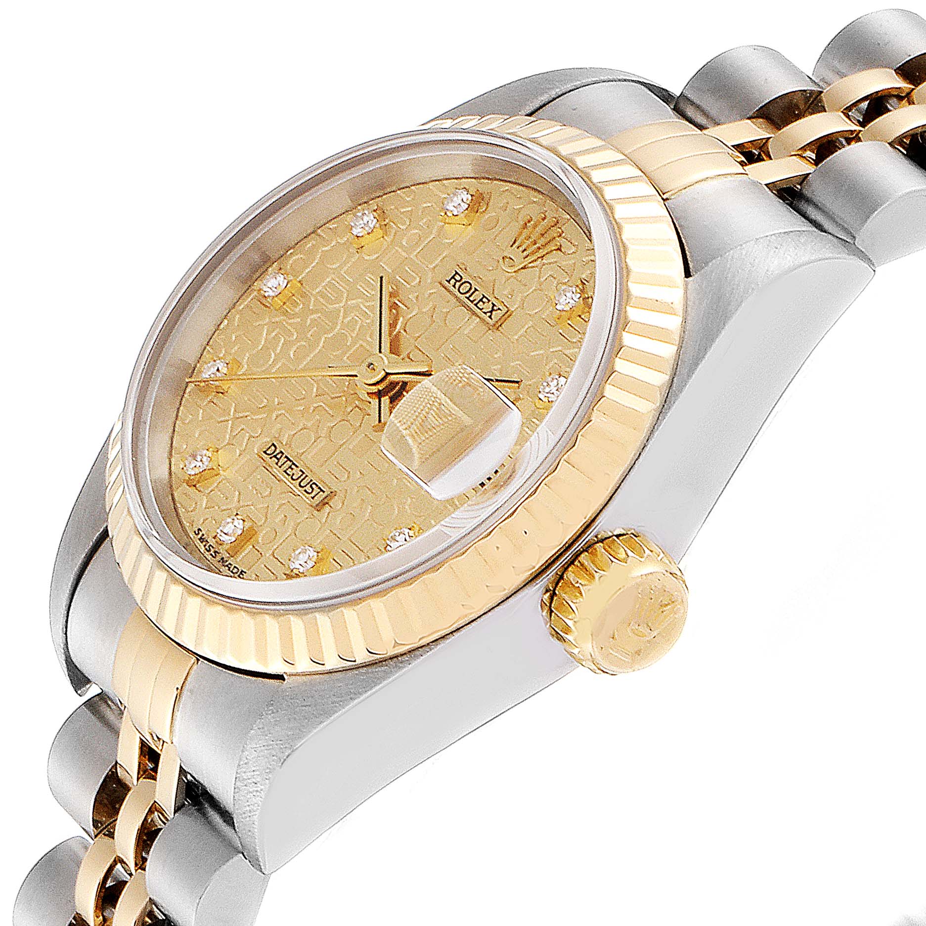 The image shows a side view of a Rolex Datejust 79173 Women
s Steel and Gold (two tone) Champagne Dial 79173 Women
s Steel and Gold (two tone) Champagne Dial, highlighting the gold bezel, crown, and face with diamond hour markers.