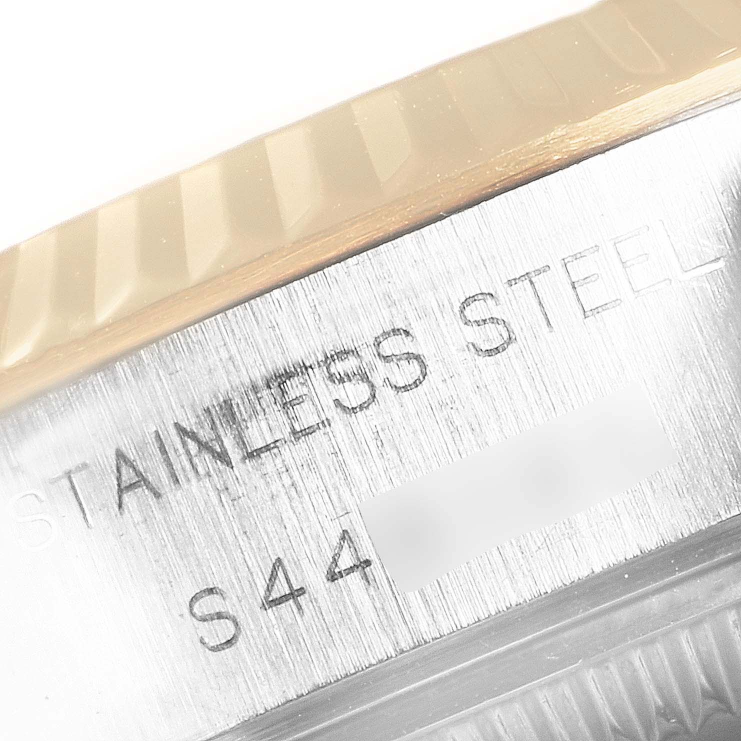 This image shows a close-up of the case side of the Rolex Datejust 79173 Women
s Steel and Gold (two tone) Champagne Dial 79173 Women
s Steel and Gold (two tone) Champagne Dial, highlighting the stainless steel material.