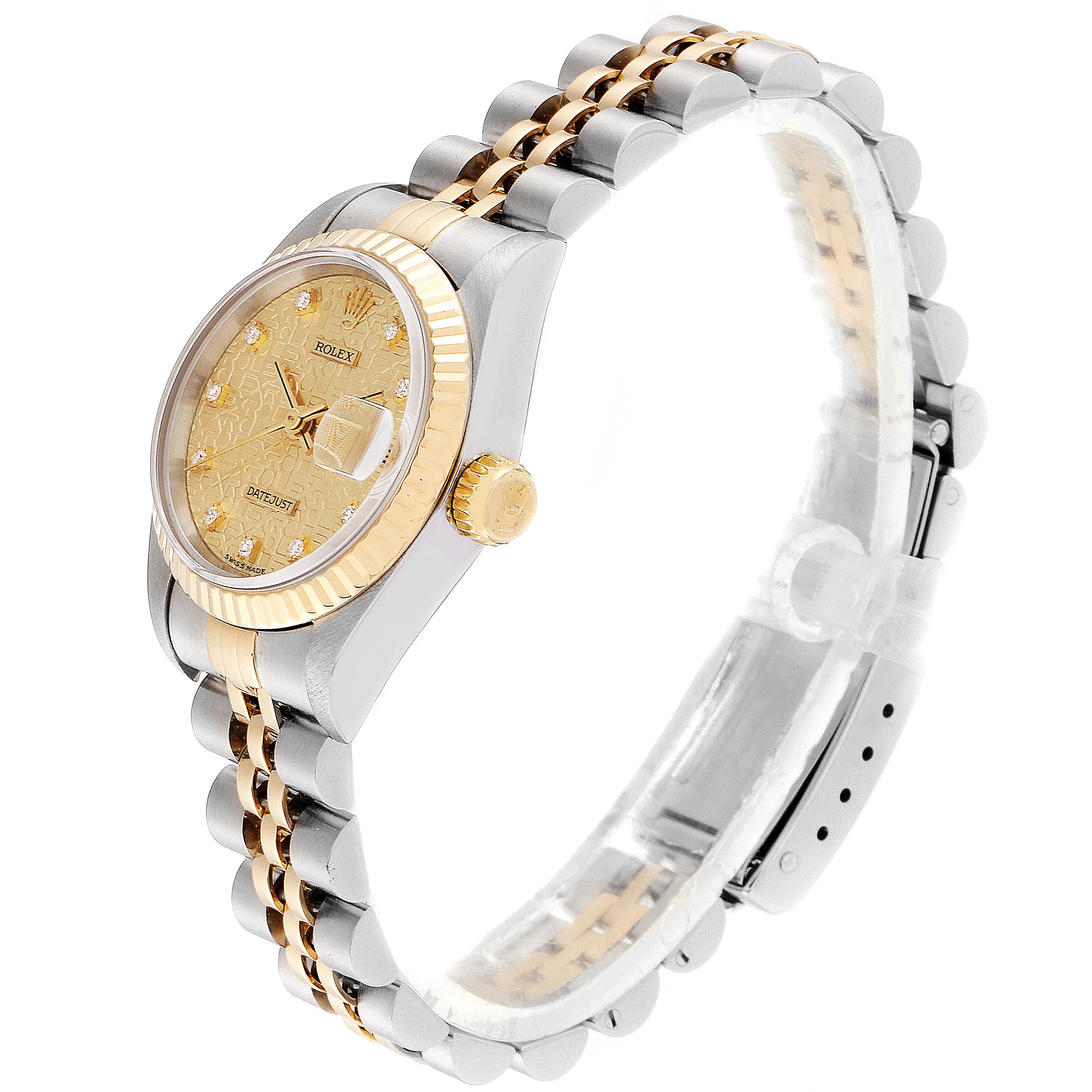 The Rolex Datejust 79173 Women
s Steel and Gold (two tone) Champagne Dial 79173 Women
s Steel and Gold (two tone) Champagne Dial watch is shown from a left side angle featuring its face, bezel, crown, and two-tone bracelet.