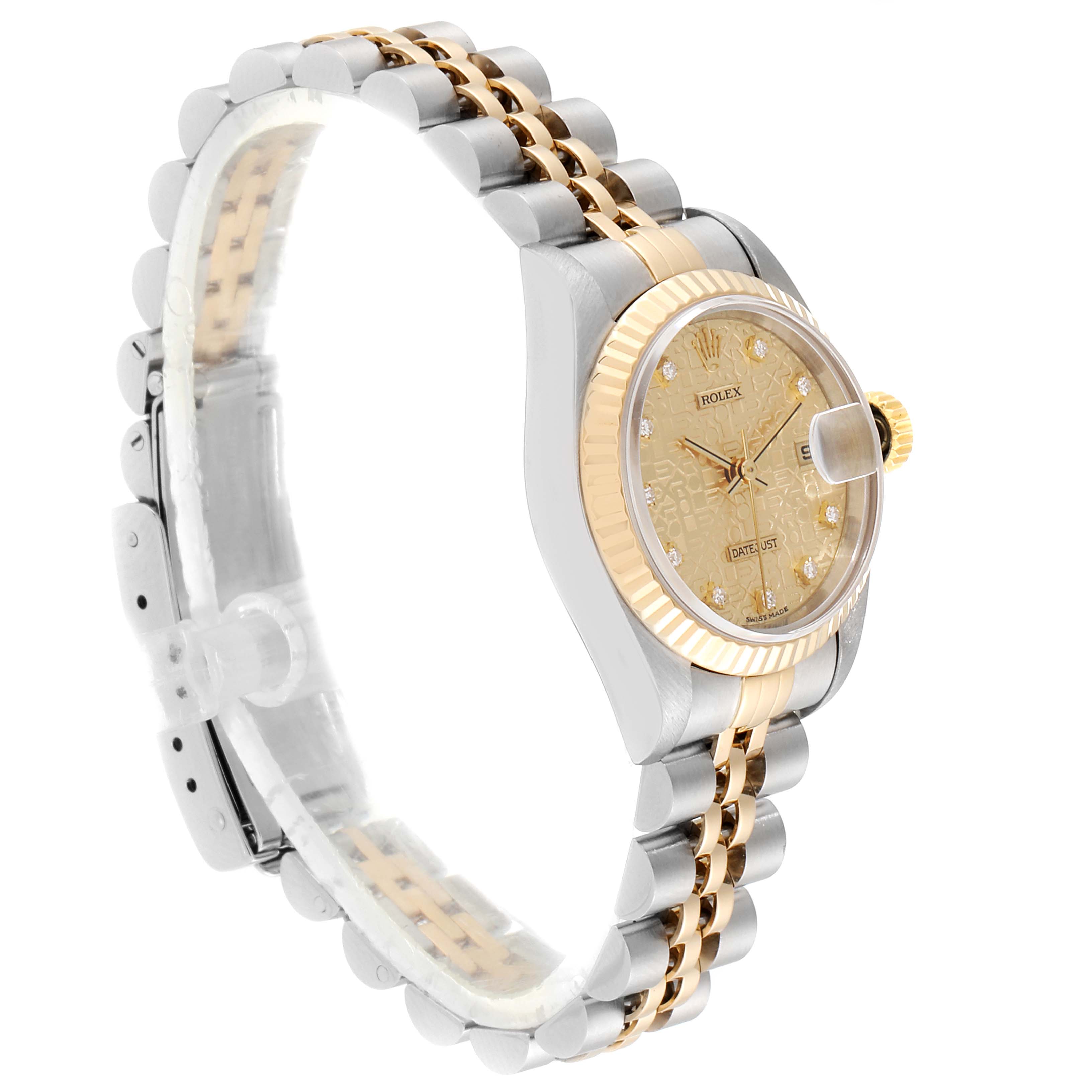 The image shows a side-angle view of a Rolex Datejust 79173 Women
s Steel and Gold (two tone) Champagne Dial 79173 Women
s Steel and Gold (two tone) Champagne Dial watch highlighting the bracelet, bezel, and face.