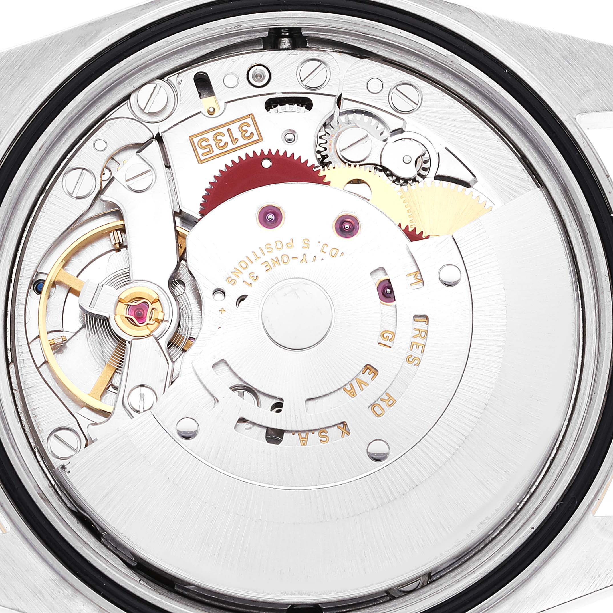 The image shows the internal mechanical movement of a Rolex Datejust 16203 Men's Steel and Gold (two tone) Black Dial 16203 Men's Steel and Gold (two tone) Black Dial watch, viewed from the back.