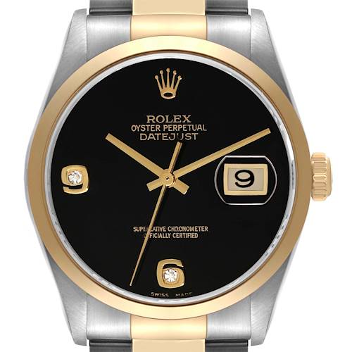 Photo of Rolex Datejust Steel Yellow Gold Onyx Diamond Dial Mens Watch 16203 Box Card
