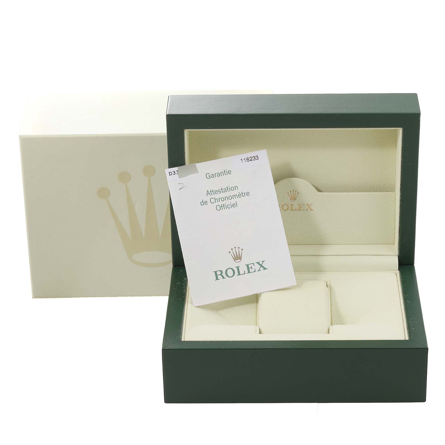 This image shows the open box and warranty card of a Rolex Datejust 116233 Men's Steel and Gold (two tone) Beige Dial 116233 Men's Steel and Gold (two tone) Beige Dial watch, revealing its interior compartments.