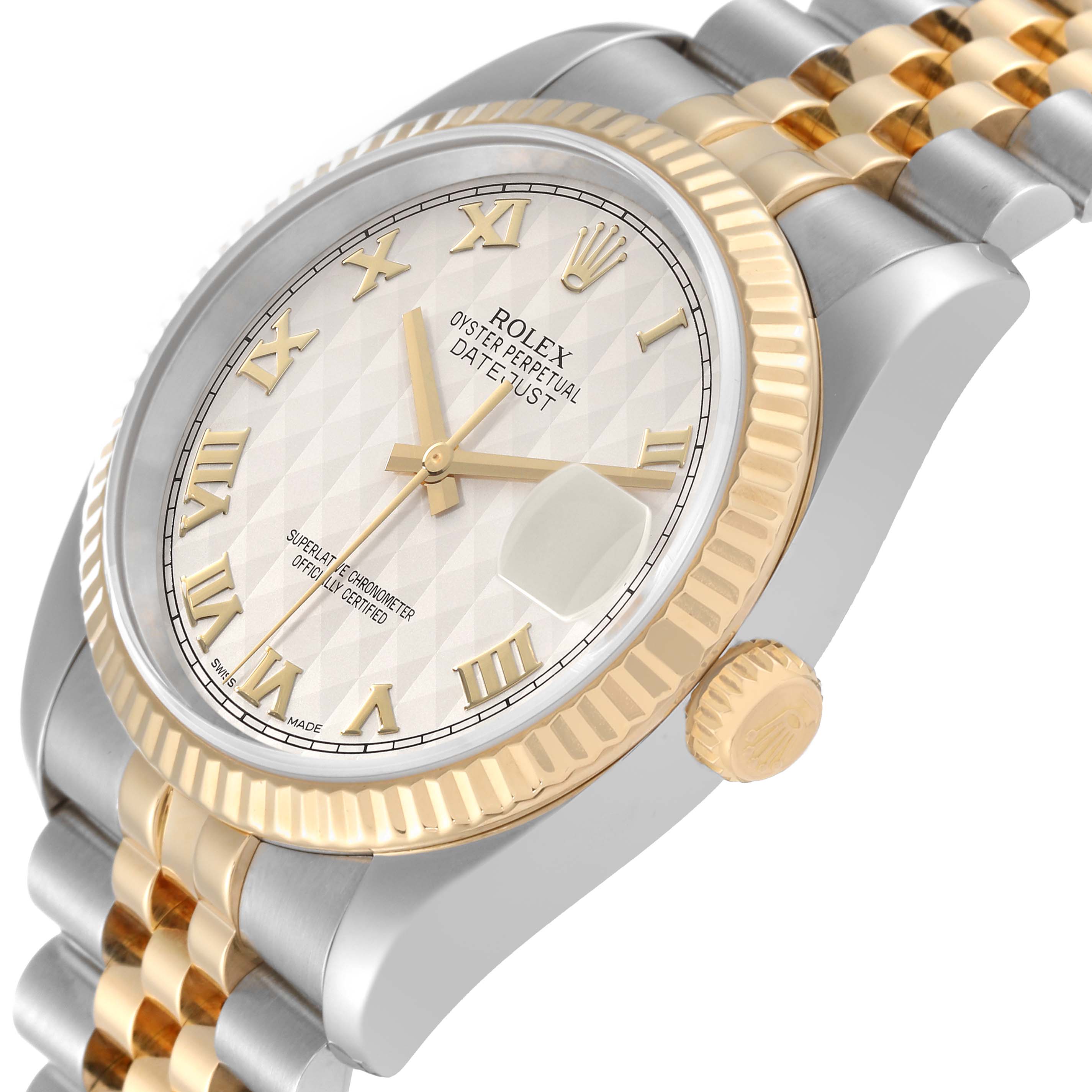 This image shows the Rolex Datejust 116233 Men's Steel and Gold (two tone) Beige Dial 116233 Men's Steel and Gold (two tone) Beige Dial watch at an angled view, showcasing the face, bezel, crown, and part of the bracelet.