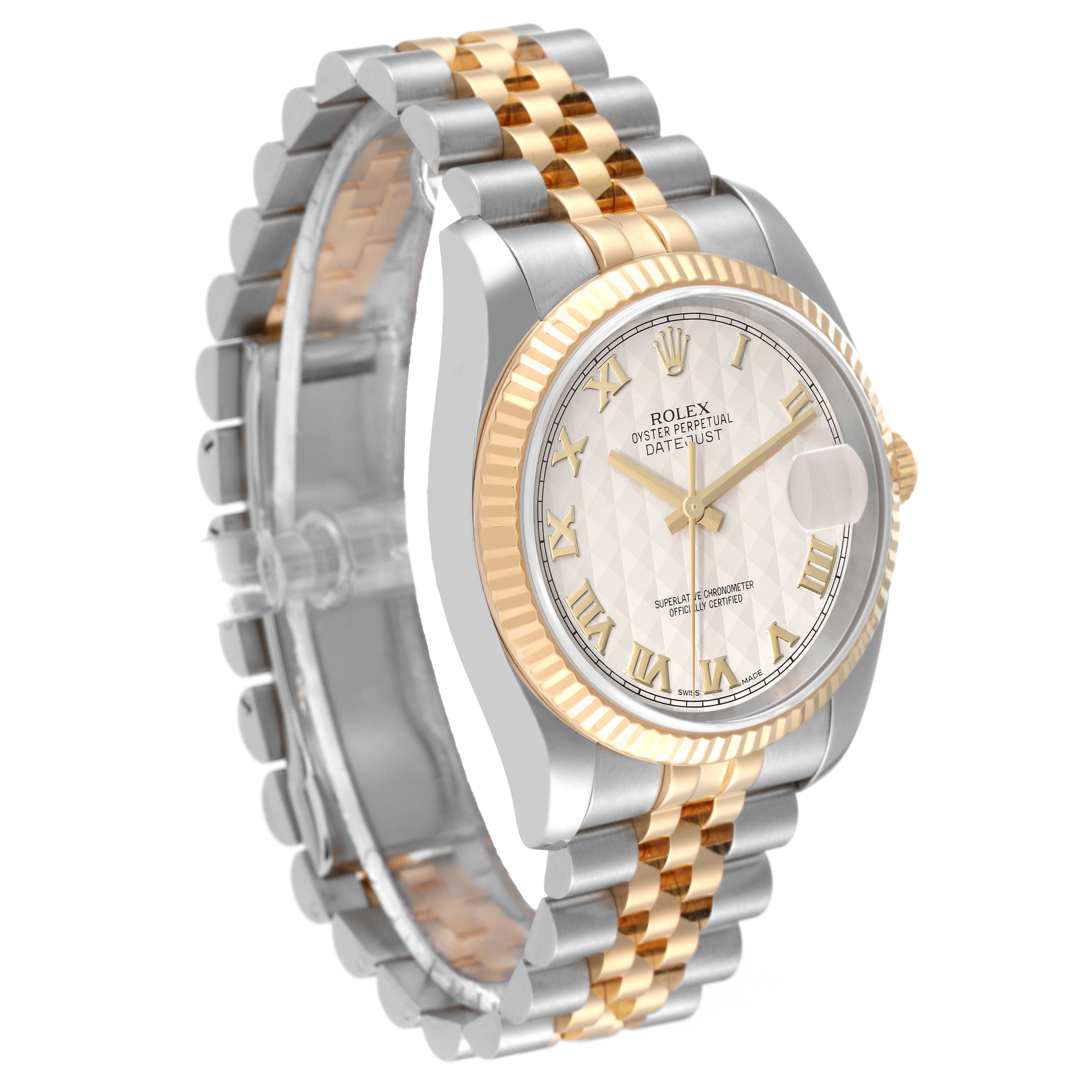 The Rolex Datejust 116233 Men's Steel and Gold (two tone) Beige Dial 116233 Men's Steel and Gold (two tone) Beige Dial watch is shown at an angle highlighting the dial, bezel, case, and two-tone bracelet.
