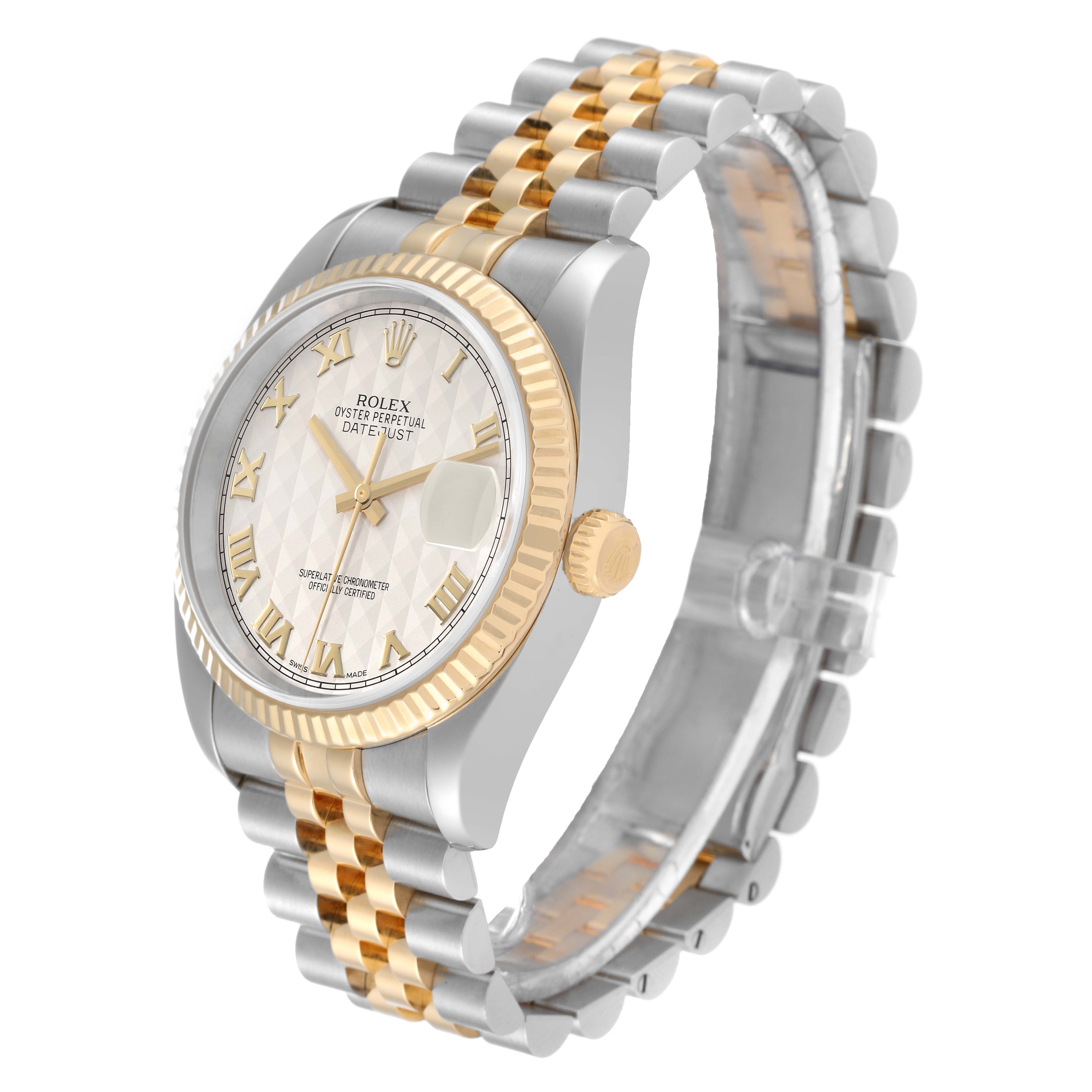 This image shows a Rolex Datejust 116233 Men's Steel and Gold (two tone) Beige Dial 116233 Men's Steel and Gold (two tone) Beige Dial watch at a three-quarter angle, highlighting the face, bezel, and a portion of the bracelet.