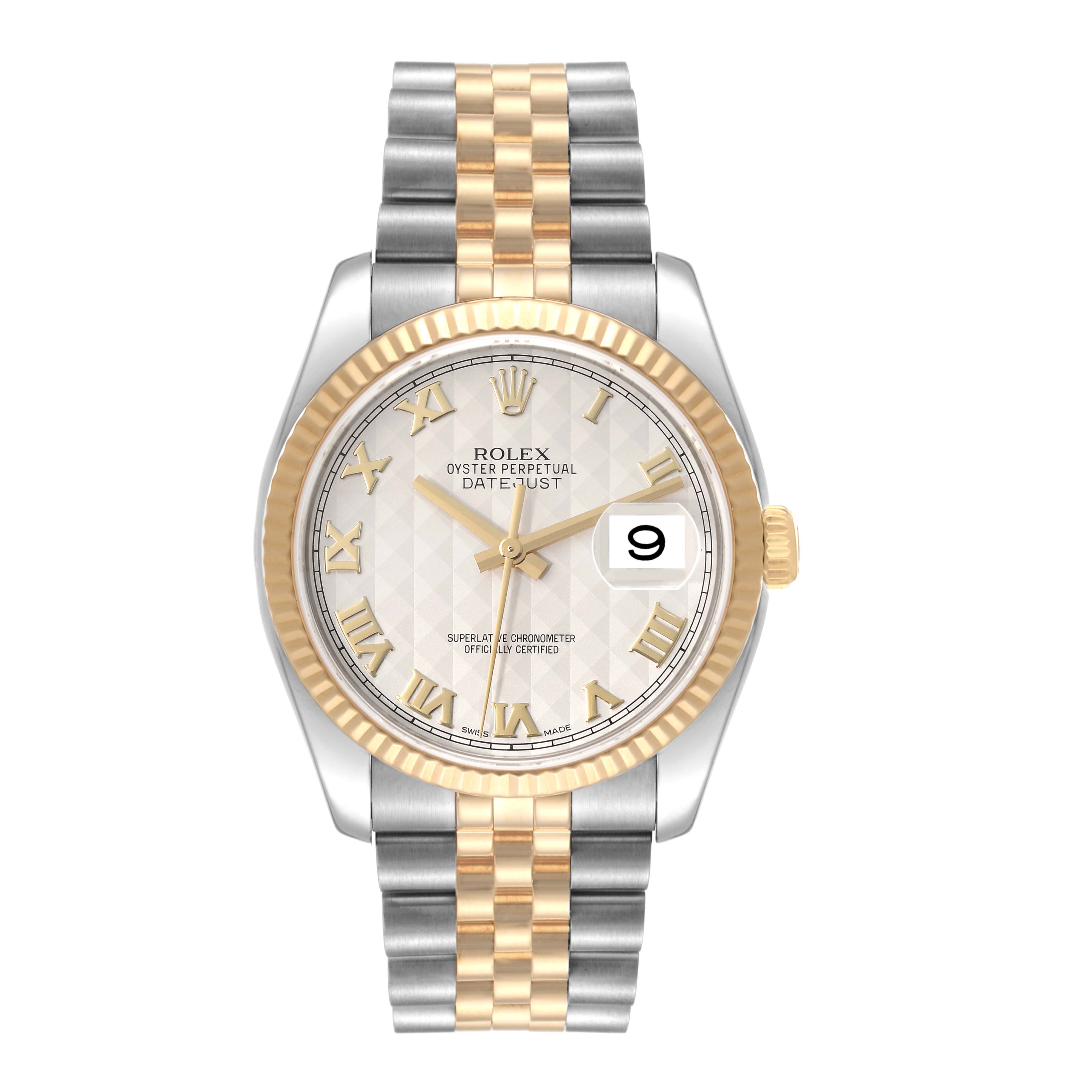 The image shows a front view of a Rolex Datejust 116233 Men's Steel and Gold (two tone) Beige Dial 116233 Men's Steel and Gold (two tone) Beige Dial watch with a two-tone silver and gold bracelet and a white dial with Roman numerals.