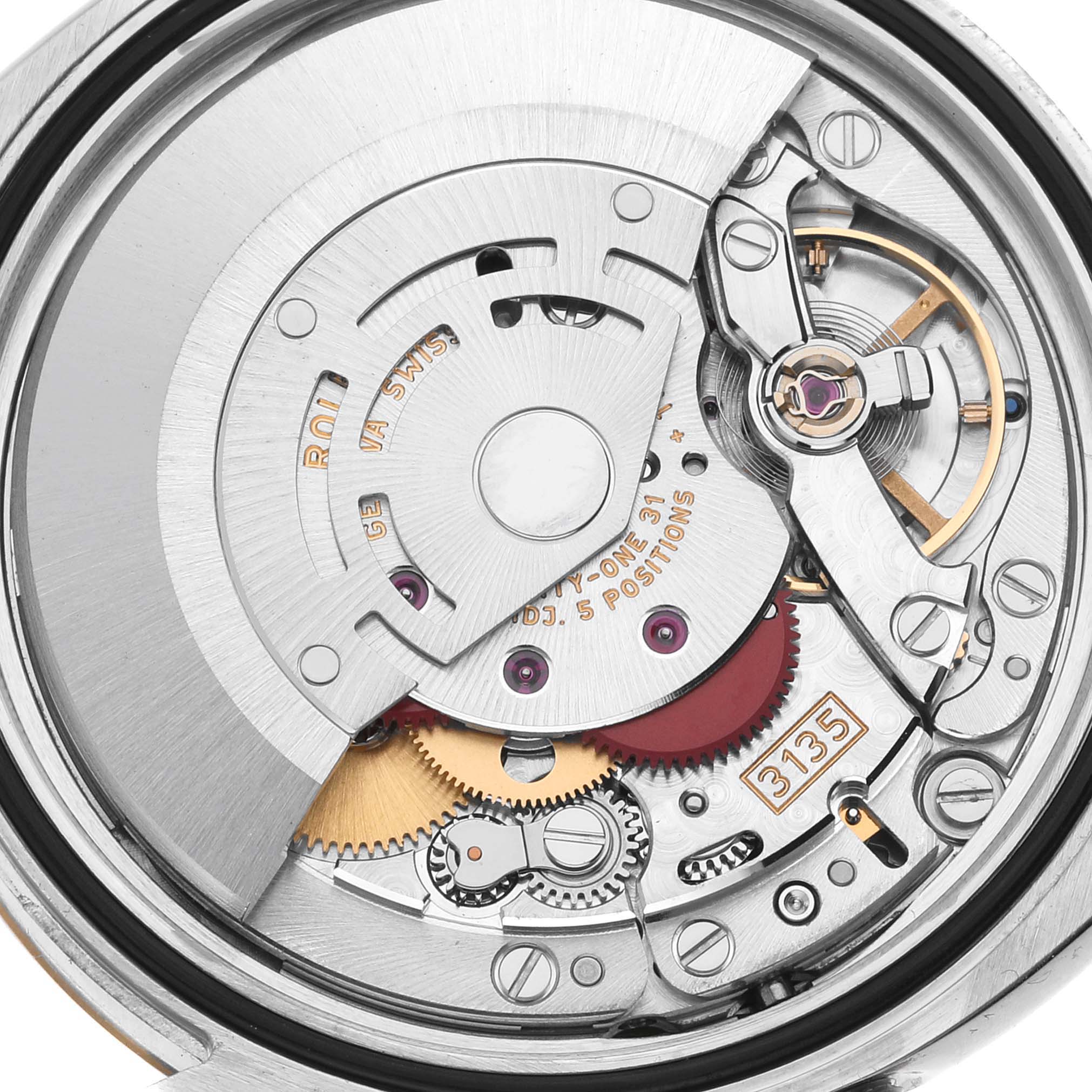 The image shows the internal movement parts of a Rolex Datejust 116233 Men's Steel and Gold (two tone) Beige Dial 116233 Men's Steel and Gold (two tone) Beige Dial watch, viewed from the back.