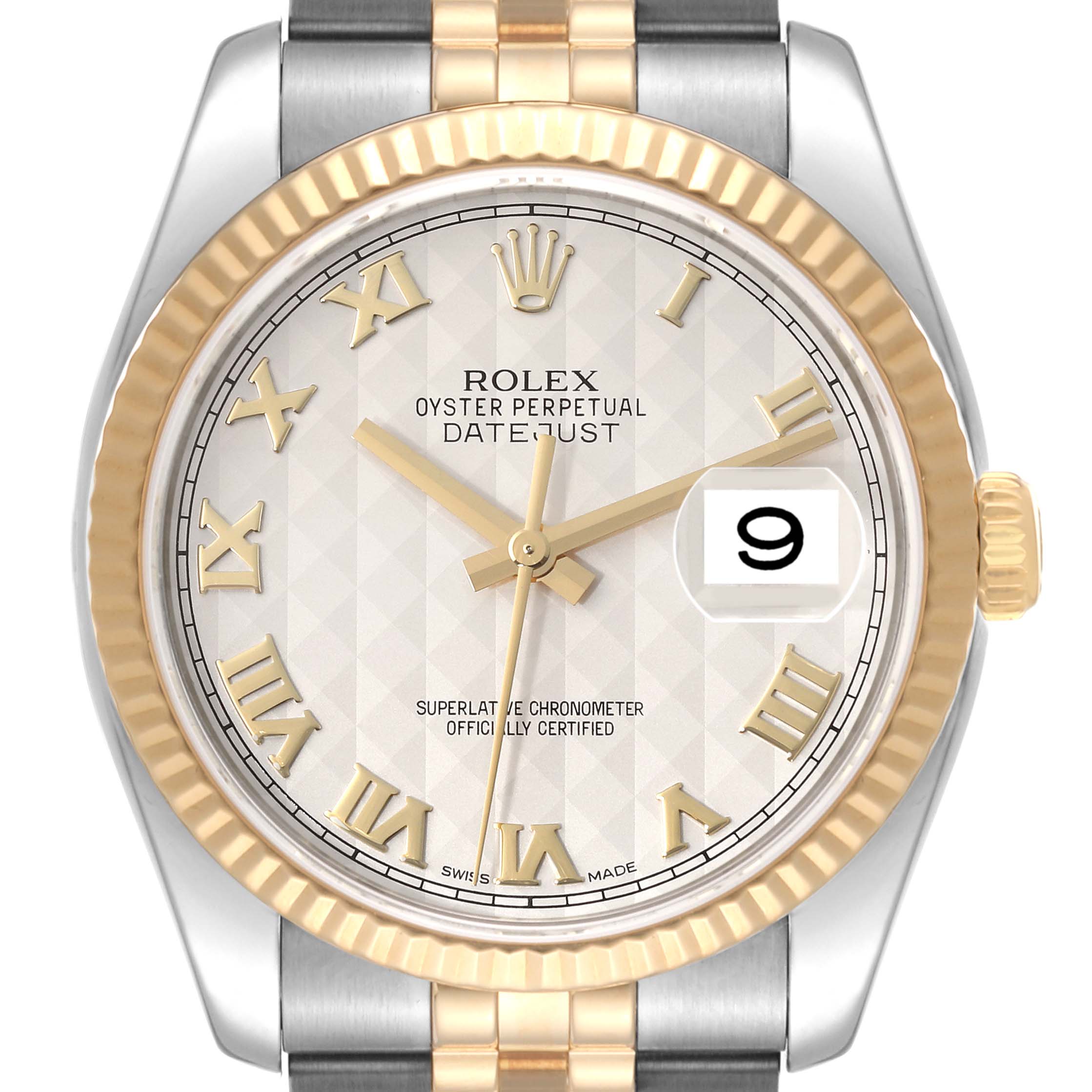 The image shows a front view of the Rolex Datejust 116233 Men's Steel and Gold (two tone) Beige Dial 116233 Men's Steel and Gold (two tone) Beige Dial watch, highlighting its gold bezel, dial with Roman numerals, and date display.