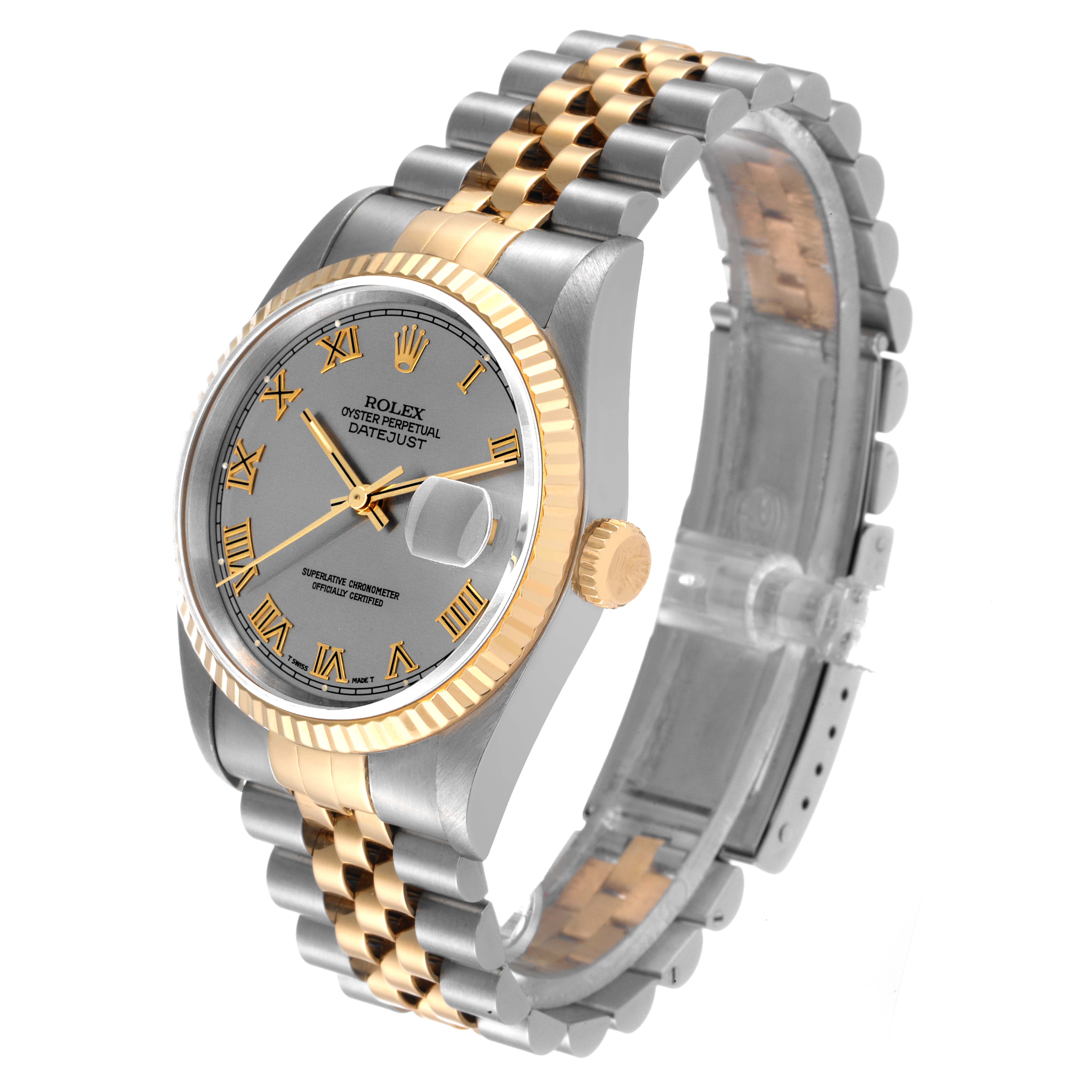 The Rolex Datejust 16233 Men
s Steel and Gold (two tone) Grey Dial 16233 Men
s Steel and Gold (two tone) Grey Dial watch is shown at an angled side view, displaying the dial, bezel, crown, and the two-tone bracelet.