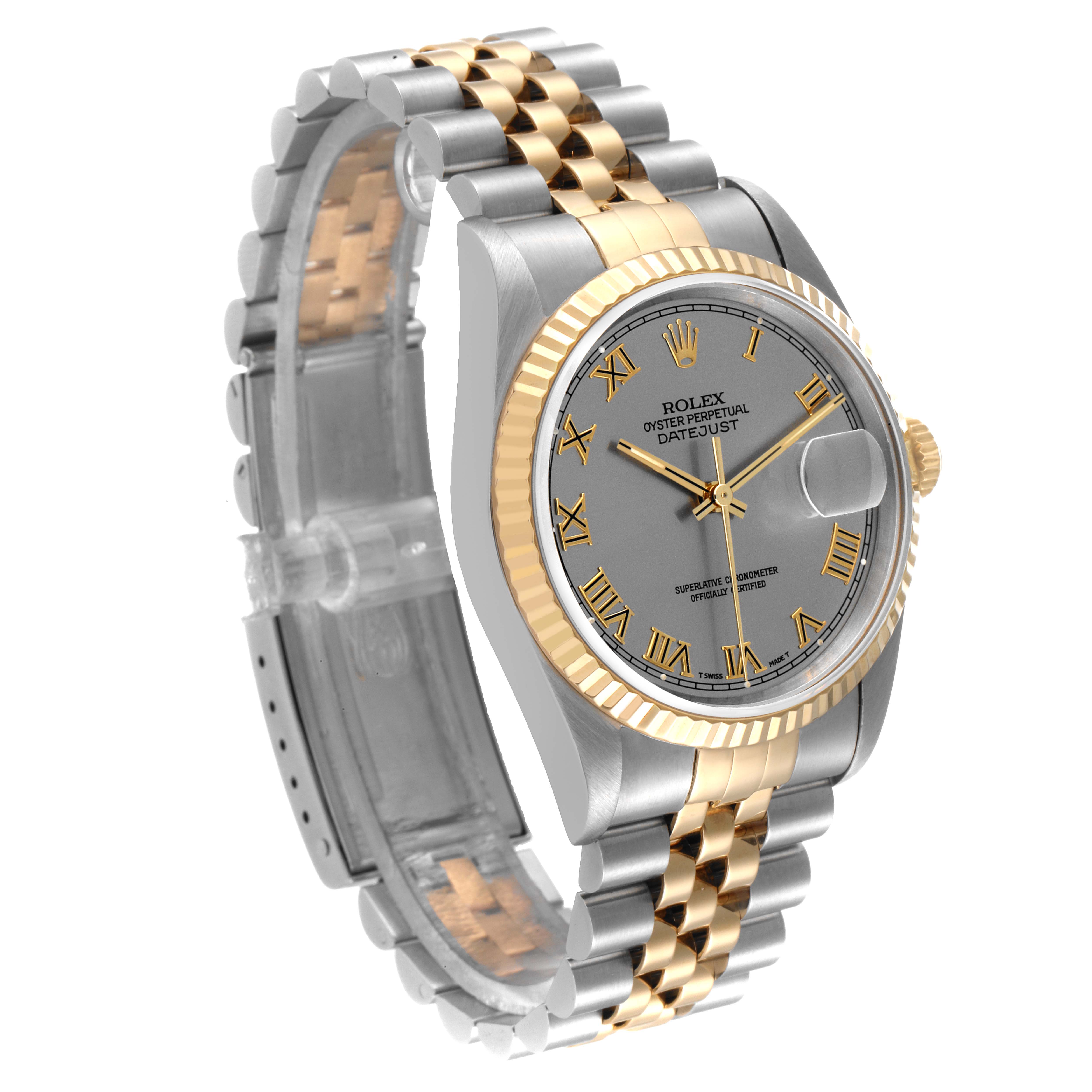 The Datejust Rolex watch is shown at a slightly angled front view, displaying the dial, bezel, and part of the Jubilee bracelet.