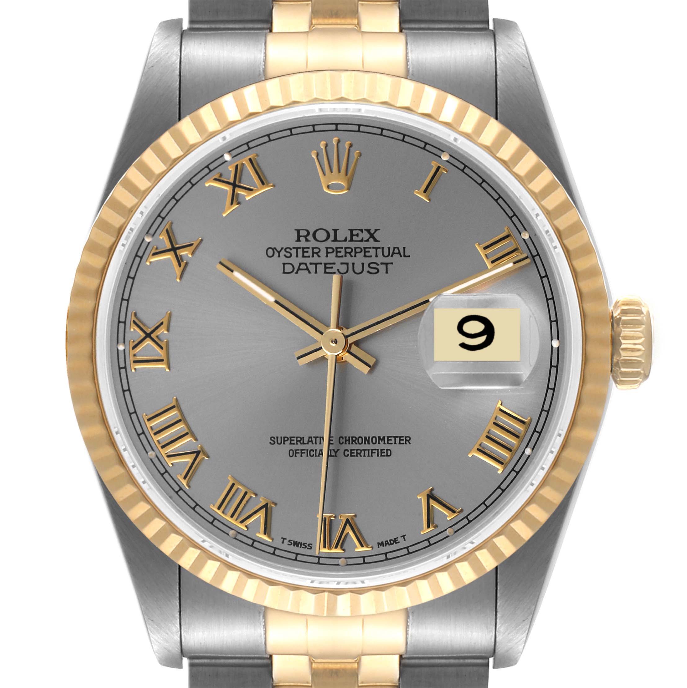 This close-up shows the face, crown, bezel, and part of the bracelet of the Rolex Datejust 16233 Men
s Steel and Gold (two tone) Grey Dial 16233 Men
s Steel and Gold (two tone) Grey Dial watch.