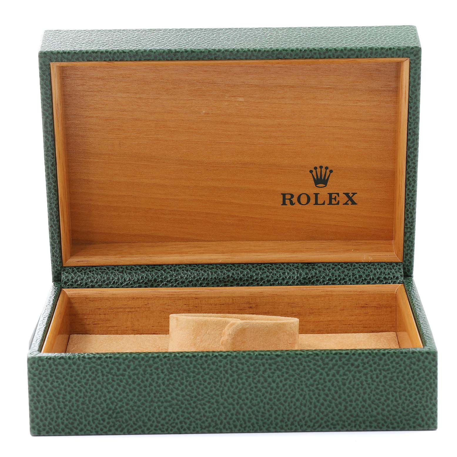 The image shows an open green leather Rolex watch box for the Datejust model from a front angle.