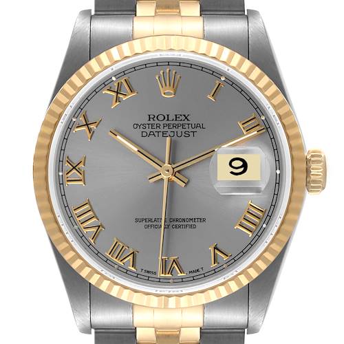 Photo of Rolex Datejust Steel Yellow Gold Slate Roman Dial Mens Watch 16233 ONE LINK ADDED