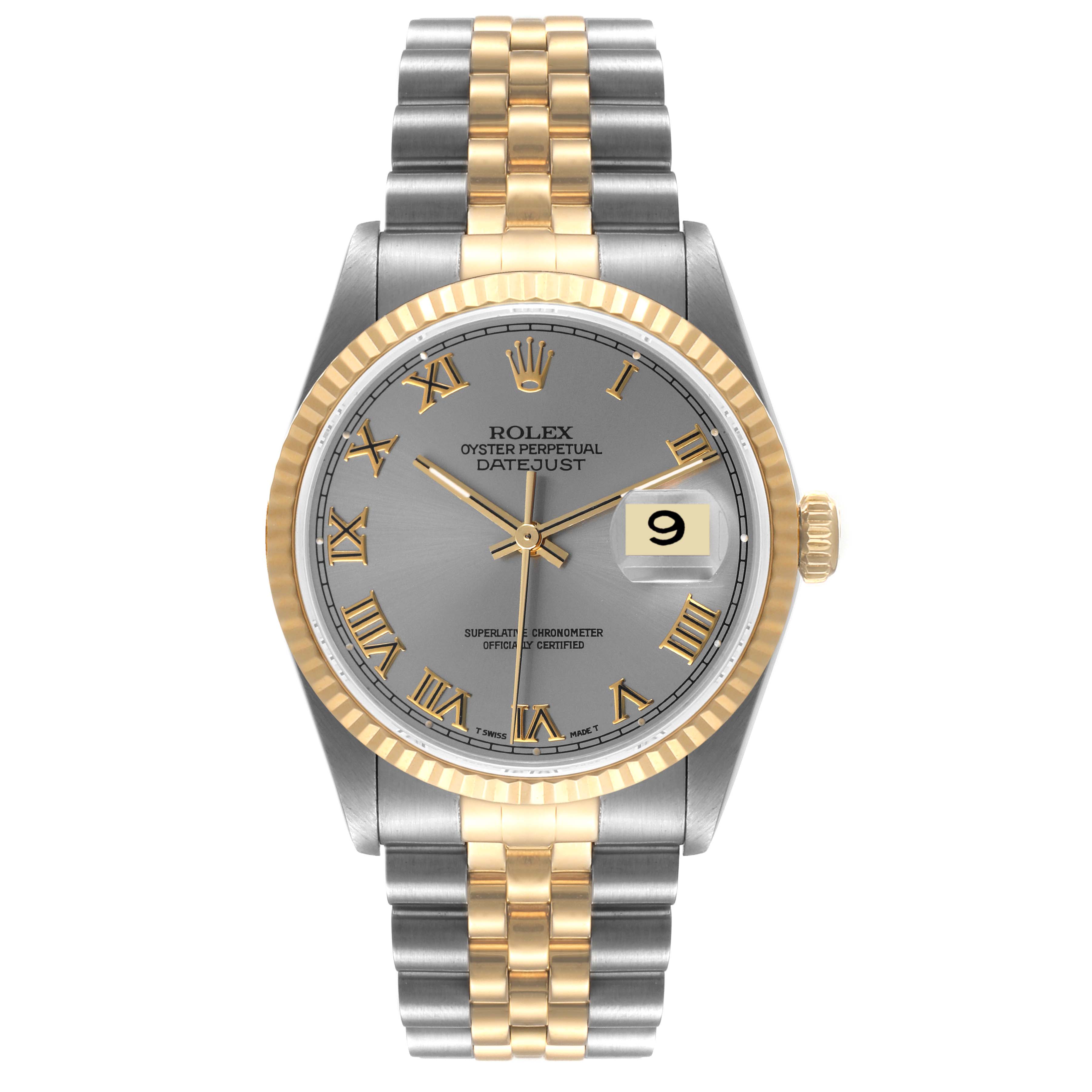 This image shows a front view of the Rolex Datejust 16233 Men
s Steel and Gold (two tone) Grey Dial 16233 Men
s Steel and Gold (two tone) Grey Dial watch, highlighting its dial, bezel, and bracelet.
