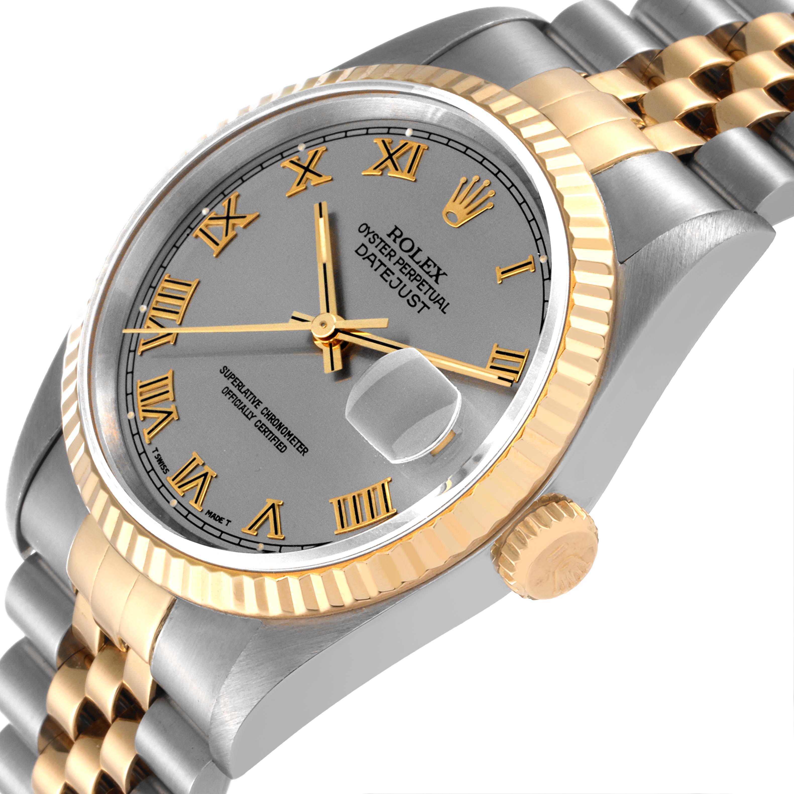 The image shows a close-up side angle of a Rolex Datejust 16233 Men
s Steel and Gold (two tone) Grey Dial 16233 Men
s Steel and Gold (two tone) Grey Dial, highlighting the dial, bezel, crown, and parts of the bracelet.