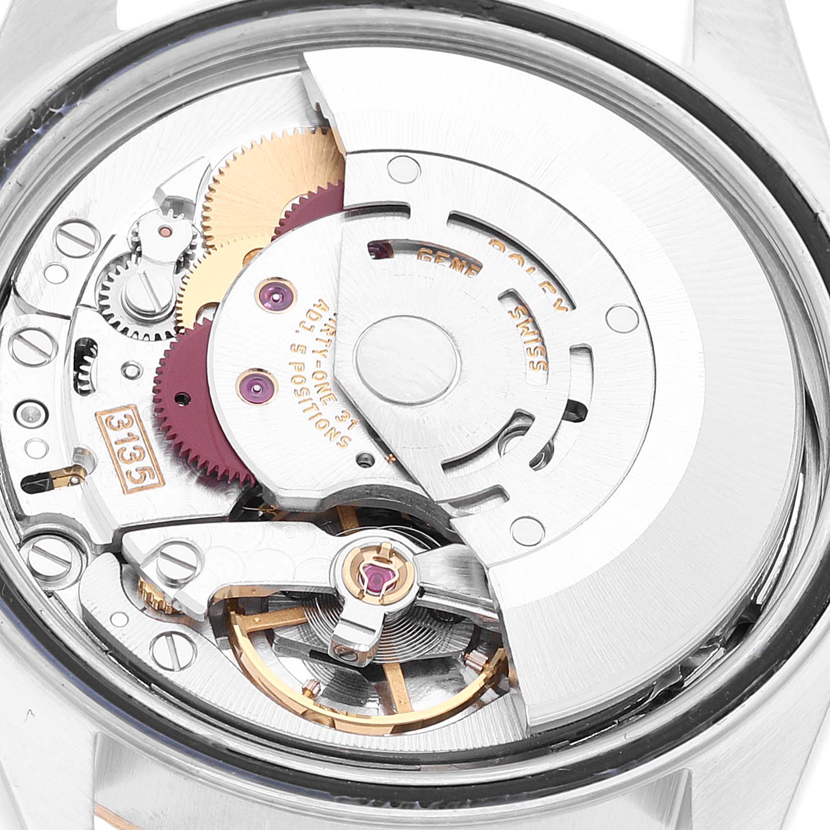 This image shows the intricate internal mechanism of a Rolex Datejust 16233 Men
s Steel and Gold (two tone) Grey Dial 16233 Men
s Steel and Gold (two tone) Grey Dial watch from a close-up angle, highlighting gears and movement parts.