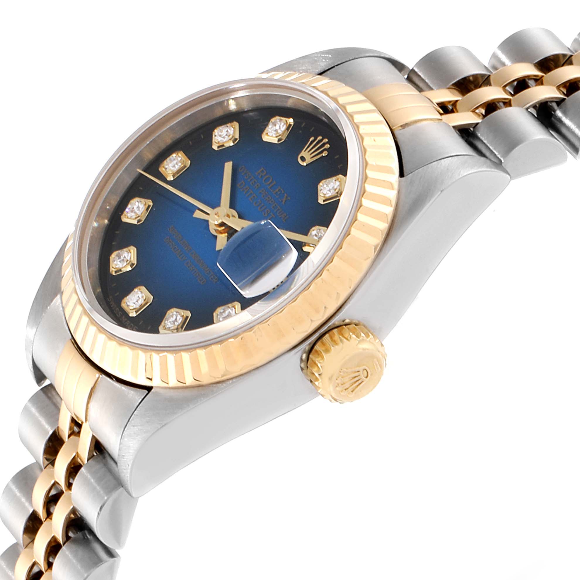 The image shows a Rolex Datejust 79173 Women's Steel and Gold (two tone) Blue Dial 79173 Women's Steel and Gold (two tone) Blue Dial watch at a slight angle, highlighting its dial, fluted bezel, crown, and part of its bracelet.