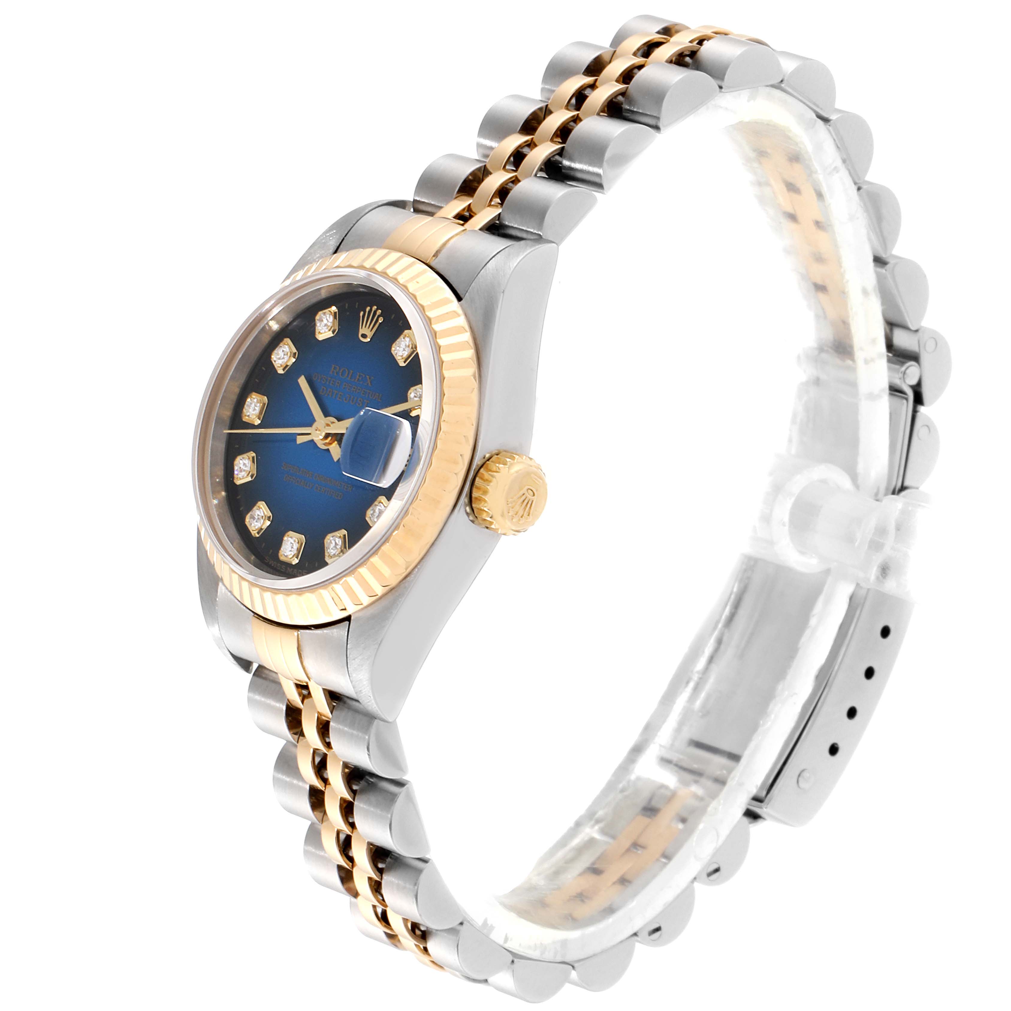 The Rolex Datejust 79173 Women's Steel and Gold (two tone) Blue Dial 79173 Women's Steel and Gold (two tone) Blue Dial watch is shown at an angle highlighting its face, bezel, crown, and part of the two-tone bracelet.