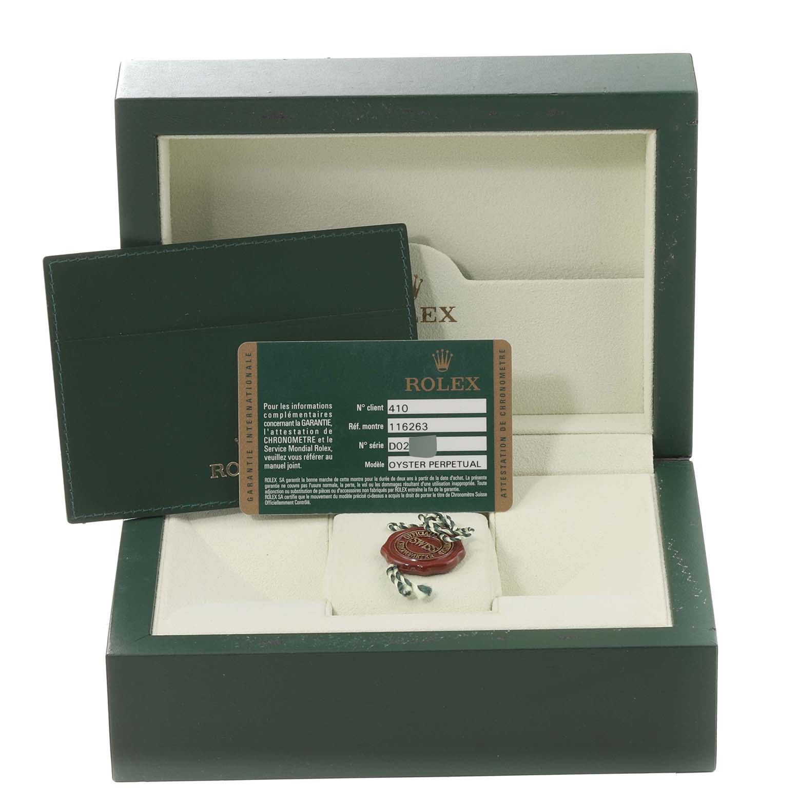 The image shows the box, certification card, and accessories for a Rolex Turn-o-Graph 116263 Men's Steel and Gold (two tone) Grey Dial 116263 Men's Steel and Gold (two tone) Grey Dial watch.