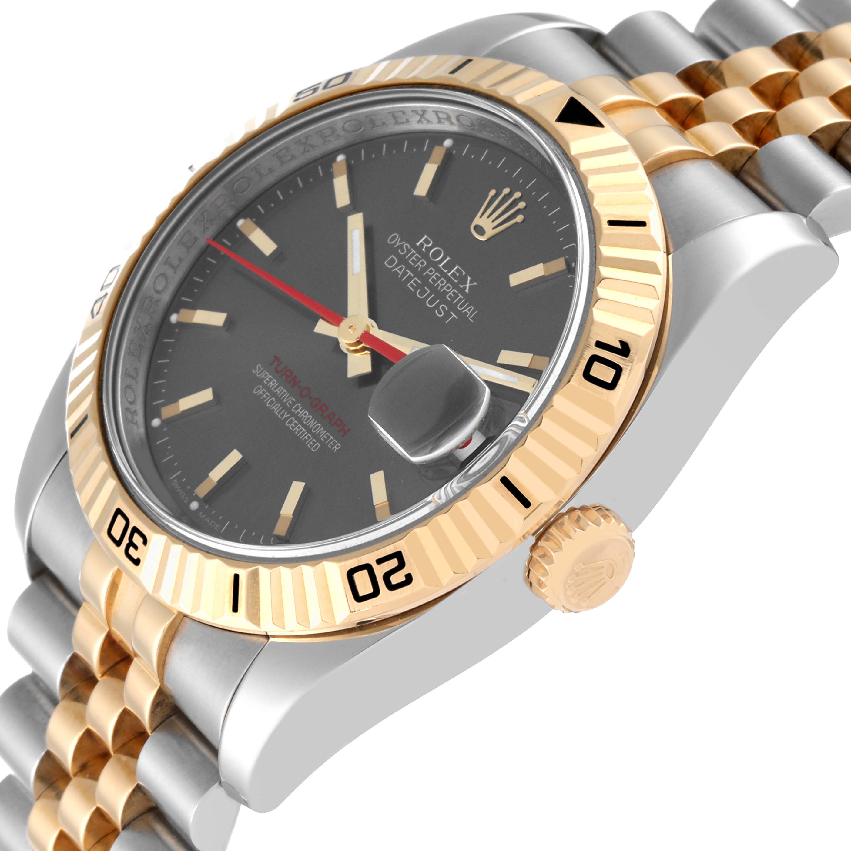 The image shows a close-up, angled view of the Rolex Turn-o-Graph 116263 Men's Steel and Gold (two tone) Grey Dial 116263 Men's Steel and Gold (two tone) Grey Dial watch, highlighting its dial, bezel, crown, and part of the bracelet.