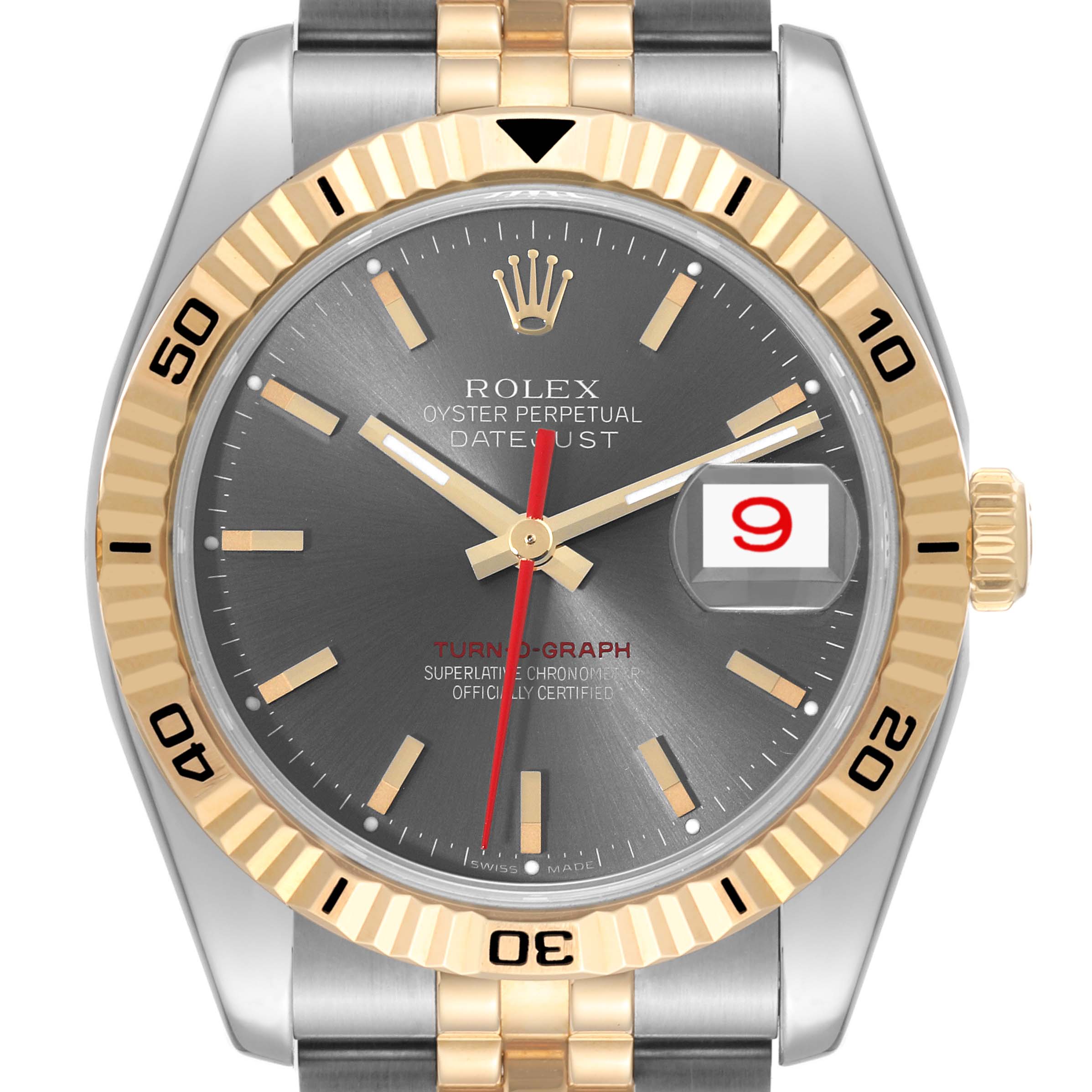 The image shows a Rolex Turn-o-Graph 116263 Men's Steel and Gold (two tone) Grey Dial 116263 Men's Steel and Gold (two tone) Grey Dial watch from the front, highlighting the dial, bezel, hands, date window, and part of the bracelet.
