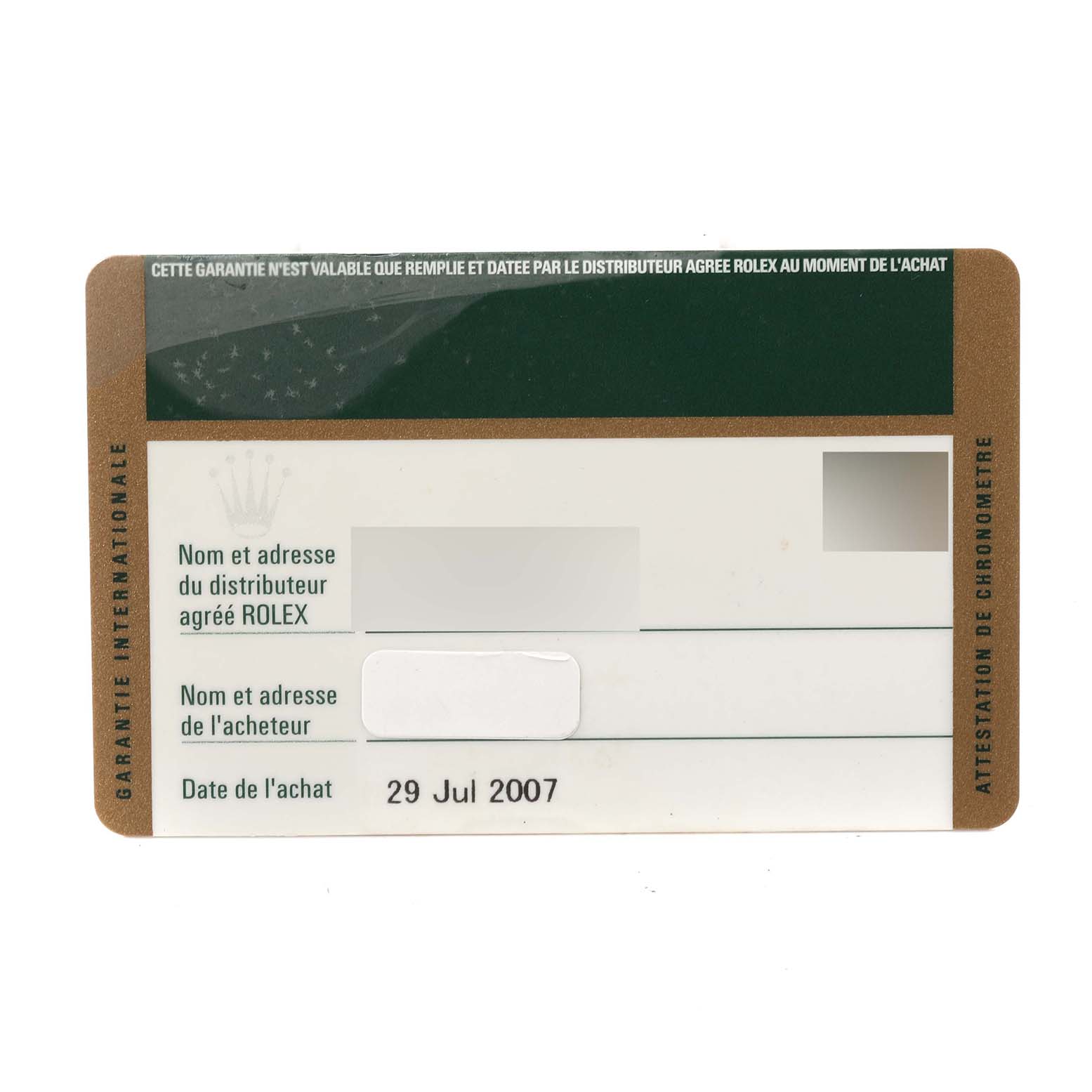 This image shows the warranty card for the Rolex Turn-o-Graph 116263 Men's Steel and Gold (two tone) Grey Dial 116263 Men's Steel and Gold (two tone) Grey Dial model, dated 29 Jul 2007.