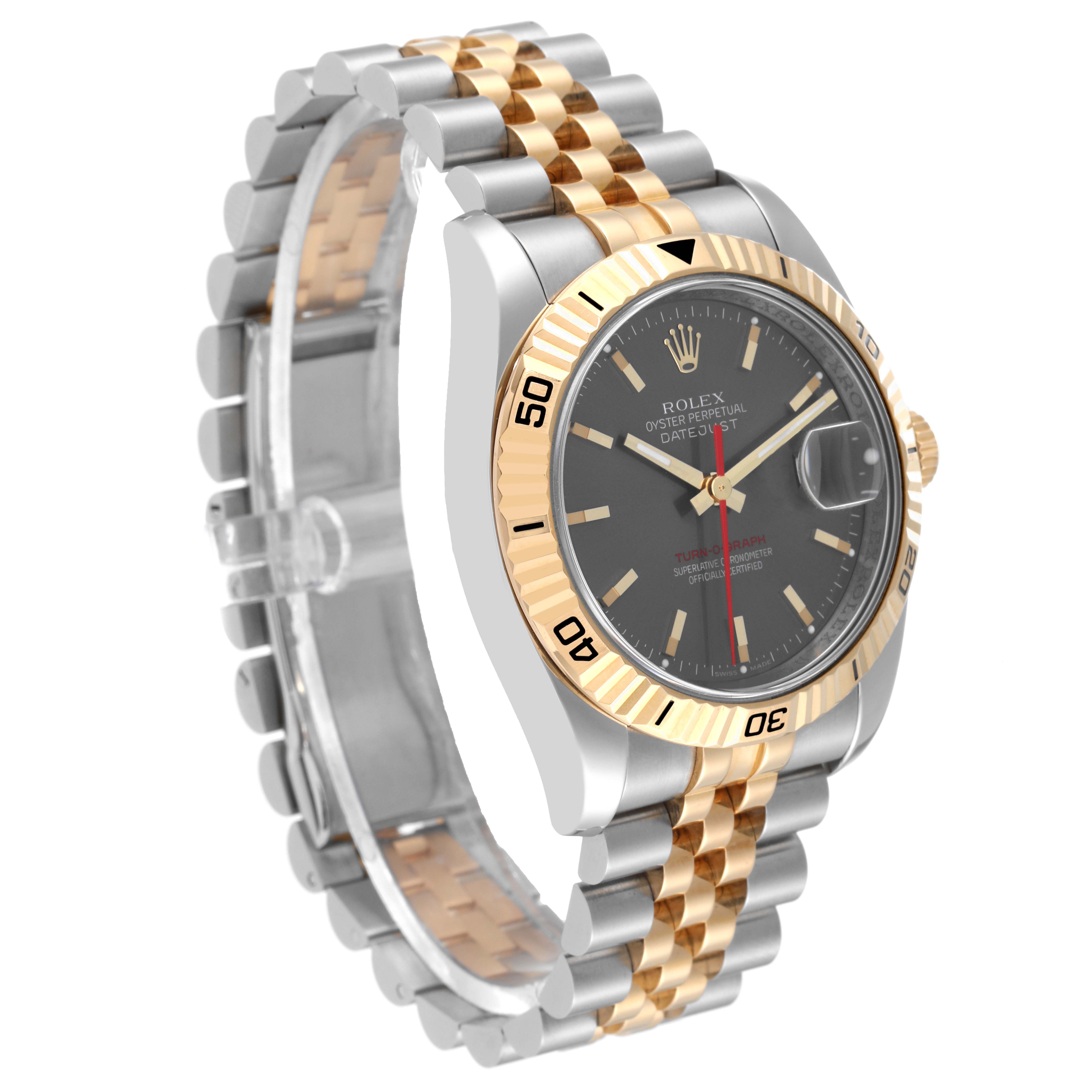 The image shows a Rolex Turn-o-Graph 116263 Men's Steel and Gold (two tone) Grey Dial 116263 Men's Steel and Gold (two tone) Grey Dial watch from an angled side view, highlighting its two-tone bracelet and distinct bezel.