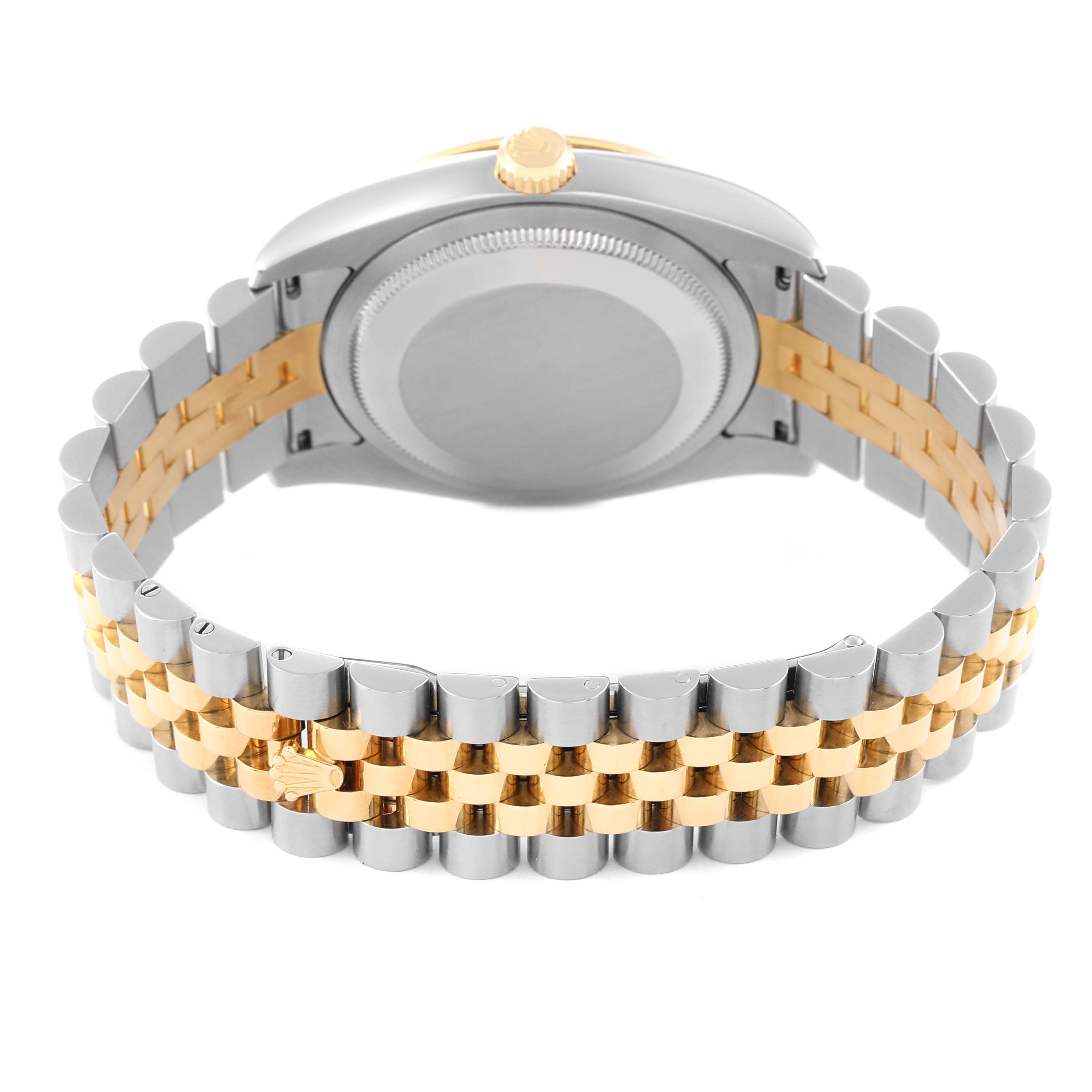 The image shows the back case and bracelet of a Rolex Turn-o-Graph 116263 Men's Steel and Gold (two tone) Grey Dial 116263 Men's Steel and Gold (two tone) Grey Dial watch, highlighting its two-tone metal design.