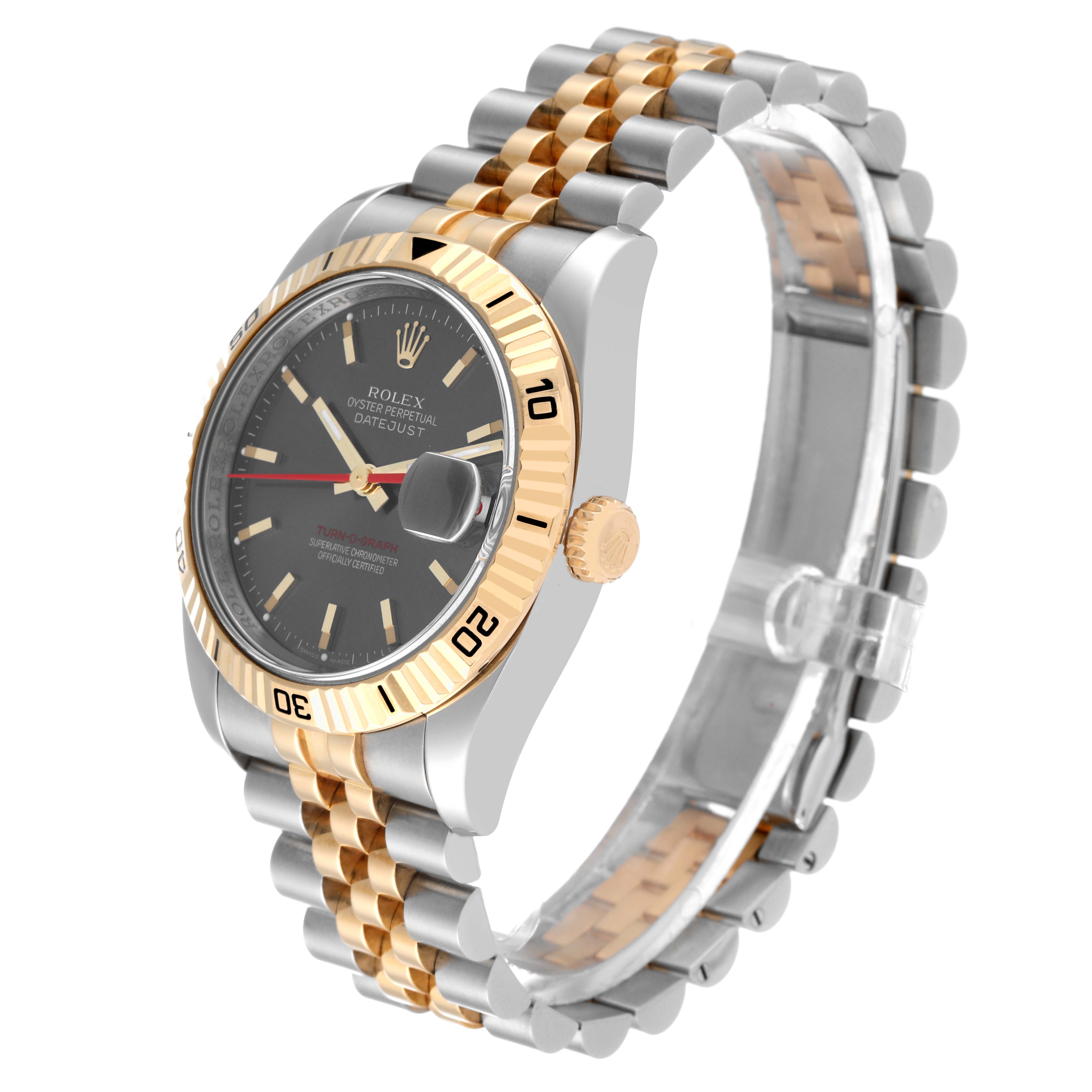 The image shows a Rolex Turn-o-Graph 116263 Men's Steel and Gold (two tone) Grey Dial 116263 Men's Steel and Gold (two tone) Grey Dial watch angled to display the face, bezel, crown, and two-tone bracelet.