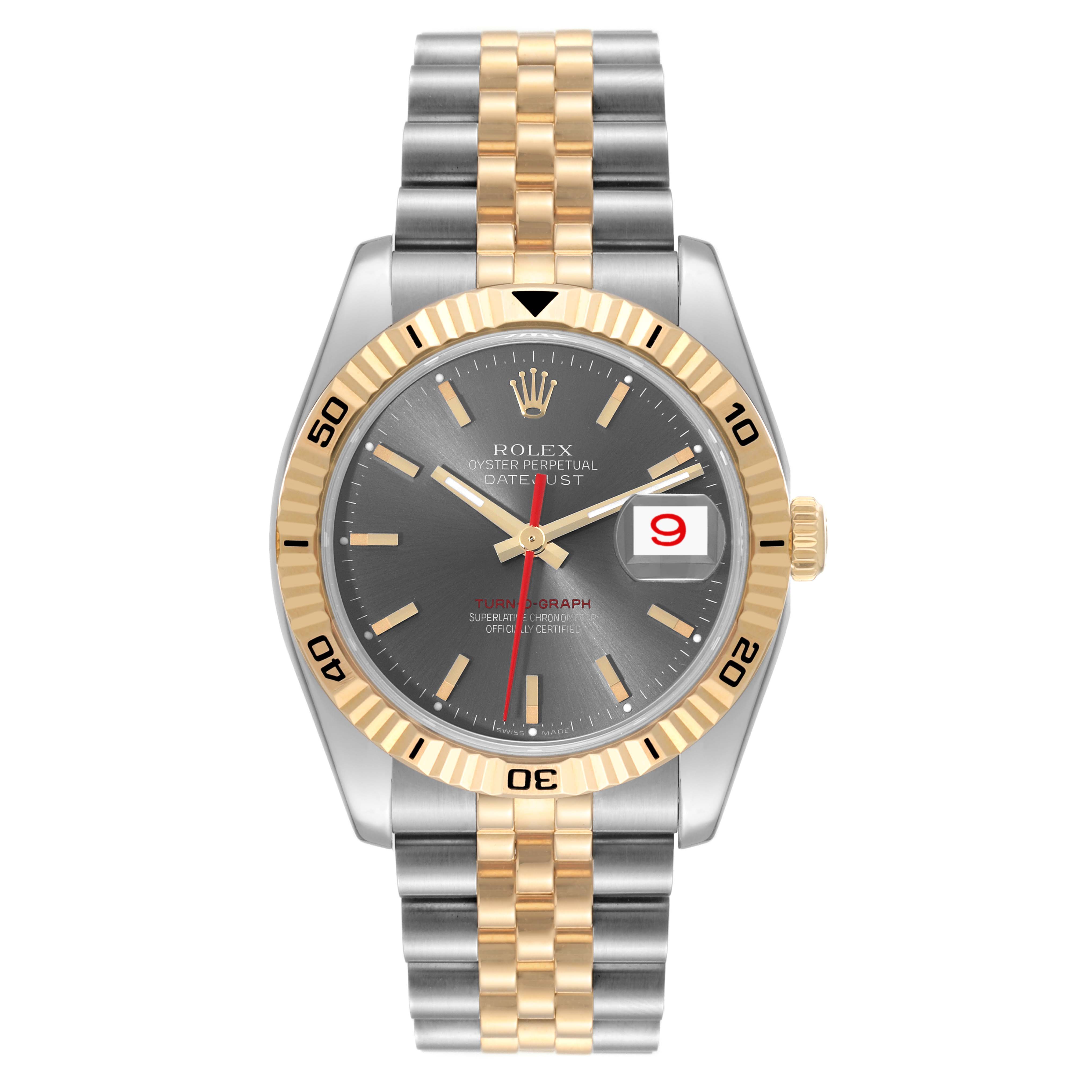The image shows a front view of a Rolex Turn-o-Graph 116263 Men's Steel and Gold (two tone) Grey Dial 116263 Men's Steel and Gold (two tone) Grey Dial watch, highlighting its dial, bezel, and two-tone bracelet.