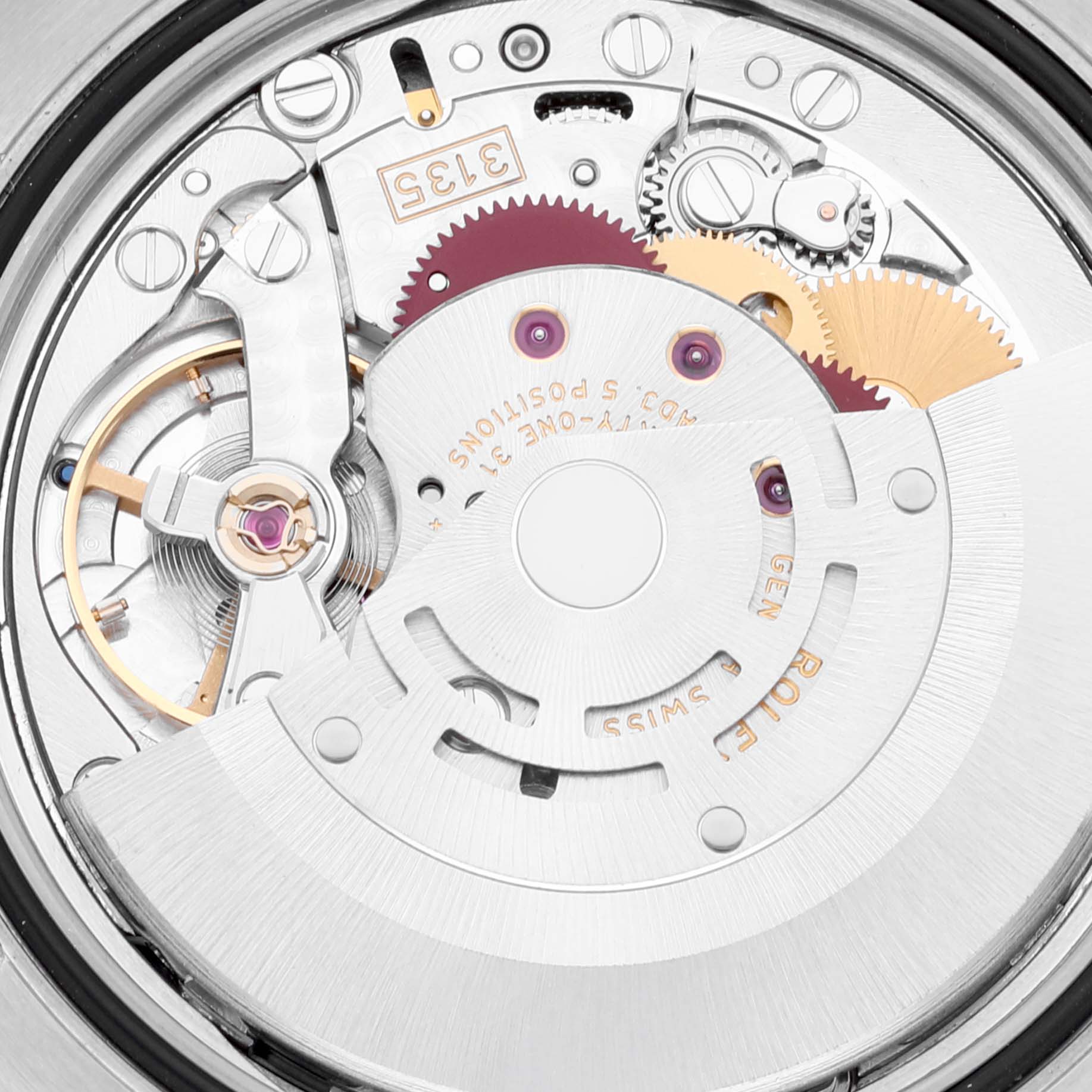 This is a close-up image showing the internal mechanical movement parts of the Rolex Turn-o-Graph 116263 Men's Steel and Gold (two tone) Grey Dial 116263 Men's Steel and Gold (two tone) Grey Dial watch.