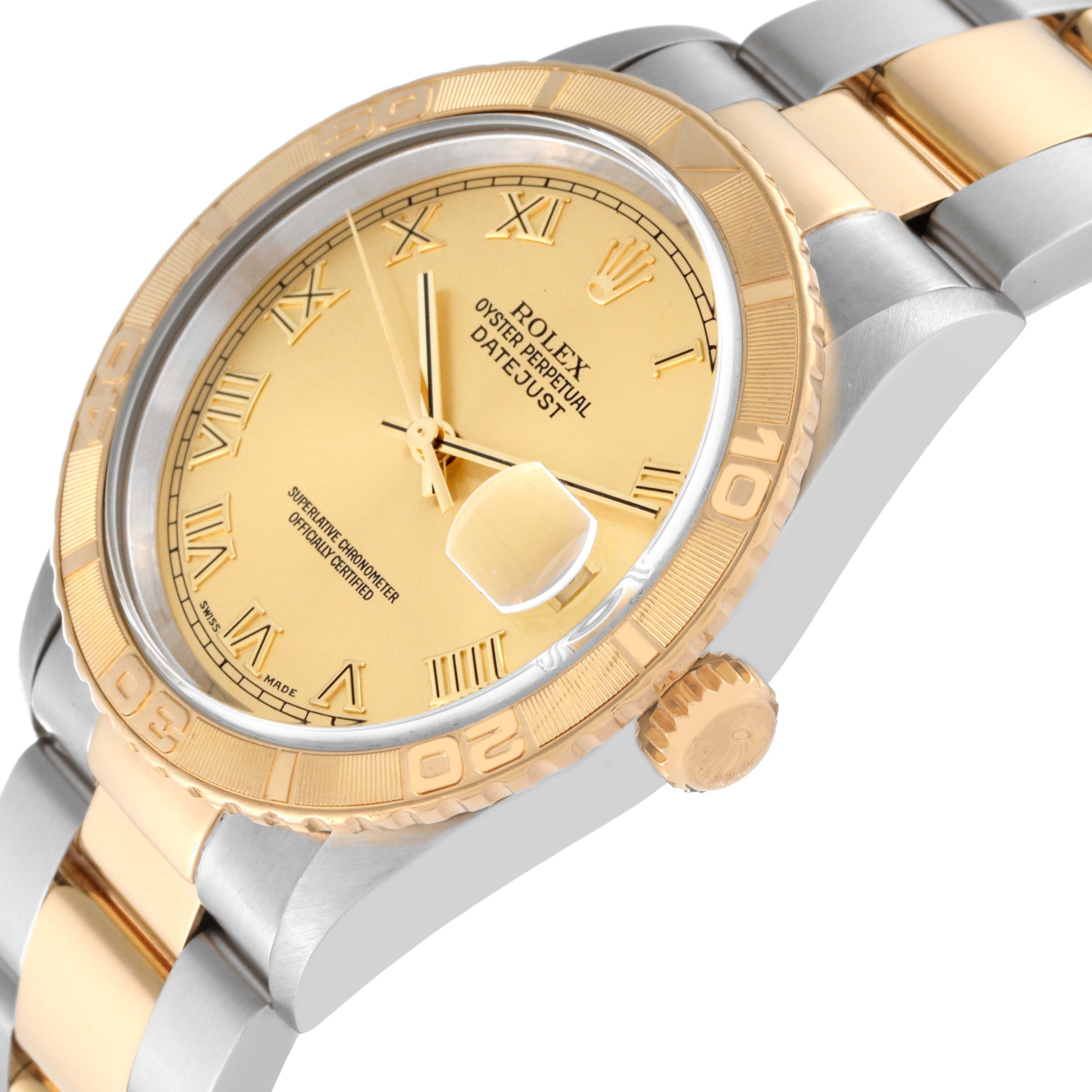 The image shows a close-up angle of the Rolex Turn-o-Graph 16263 Men's Steel and Gold (two tone) Champagne Dial 16263 Men's Steel and Gold (two tone) Champagne Dial watch, highlighting its gold dial, bezel, and two-tone bracelet.