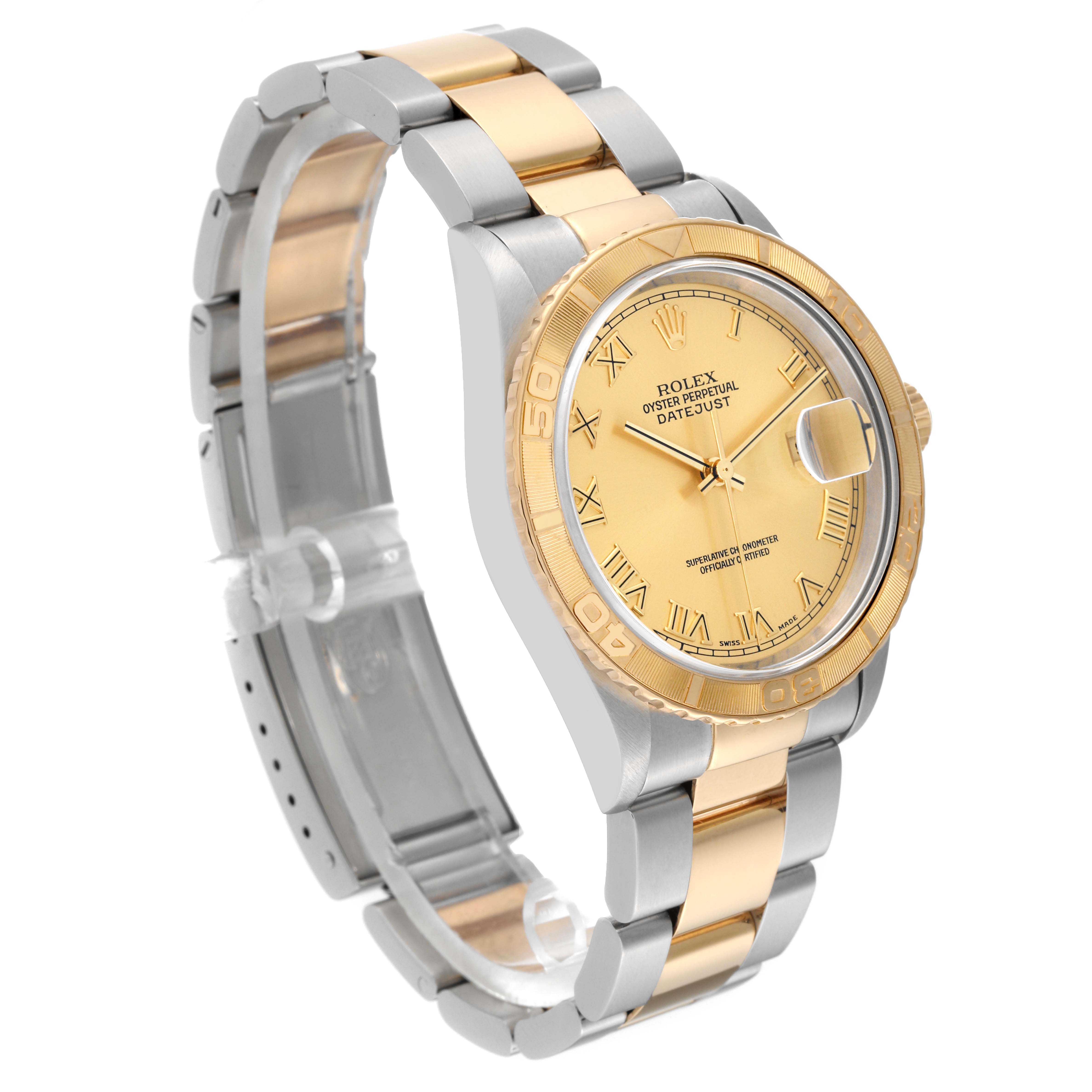 This image shows a Rolex Turn-o-Graph 16263 Men's Steel and Gold (two tone) Champagne Dial 16263 Men's Steel and Gold (two tone) Champagne Dial watch at a three-quarter angle, highlighting the dial, bezel, and two-tone bracelet.