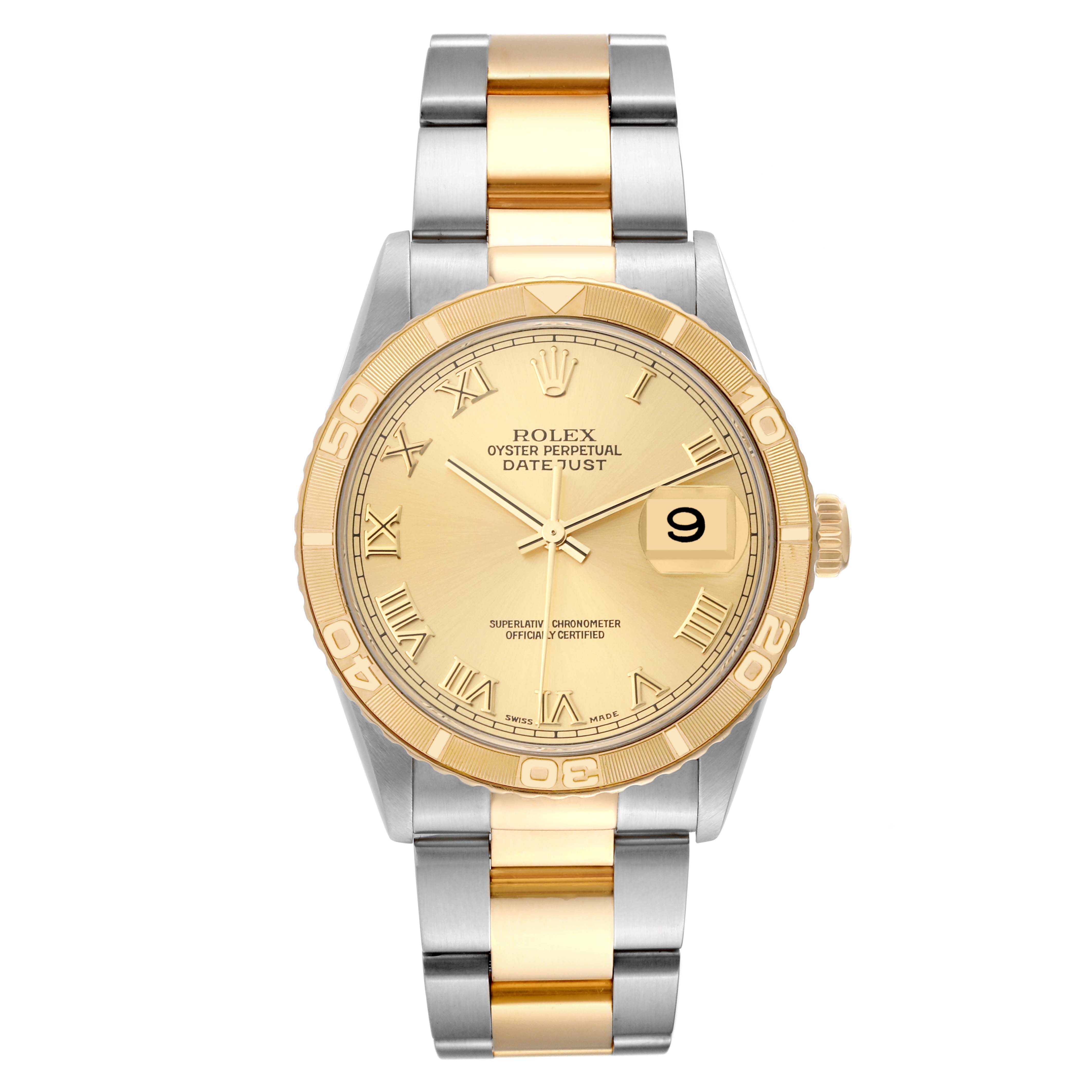 The image shows a Rolex Turn-o-Graph 16263 Men's Steel and Gold (two tone) Champagne Dial 16263 Men's Steel and Gold (two tone) Champagne Dial model watch with a gold bezel, gold dial, and a two-tone metal bracelet viewed from the front.