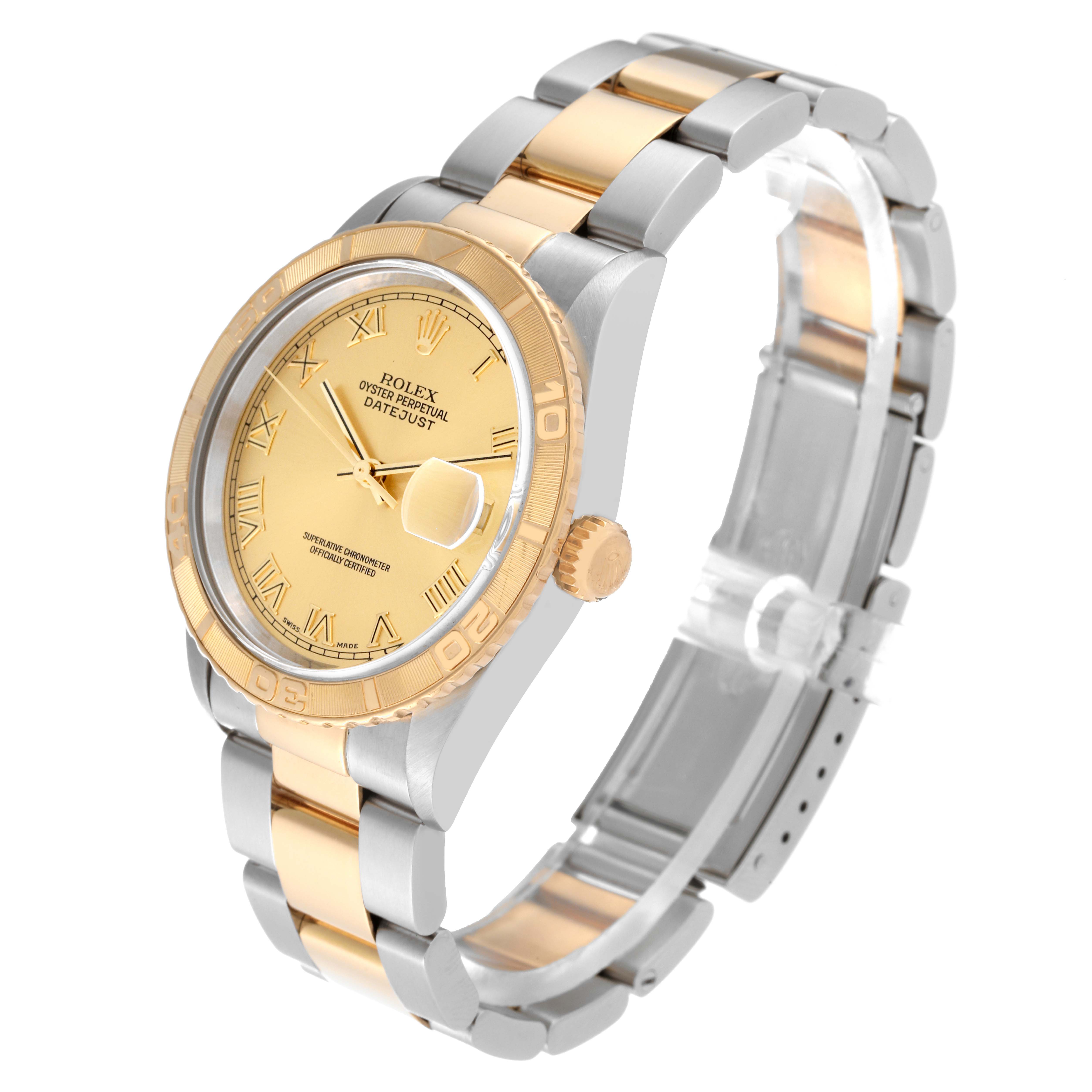 This image shows a Rolex Turn-o-Graph 16263 Men's Steel and Gold (two tone) Champagne Dial 16263 Men's Steel and Gold (two tone) Champagne Dial watch at a three-quarter angle, highlighting its gold bezel, dial, and two-tone bracelet.