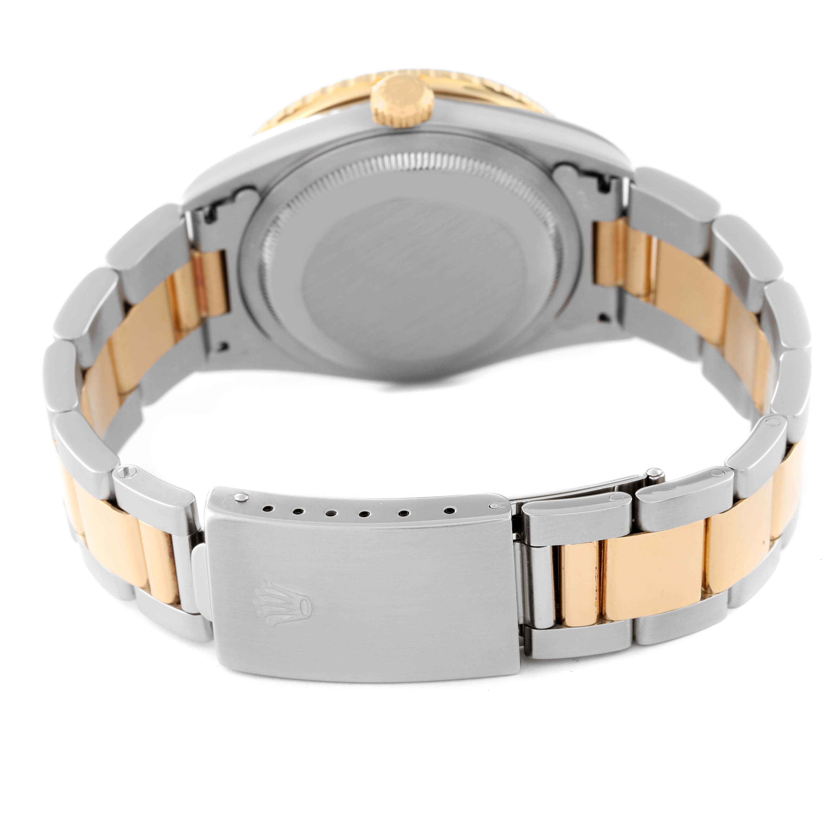 The image shows the back and clasp of the Rolex Turn-o-Graph 16263 Men's Steel and Gold (two tone) Champagne Dial 16263 Men's Steel and Gold (two tone) Champagne Dial watch, highlighting the two-tone bracelet and case back.
