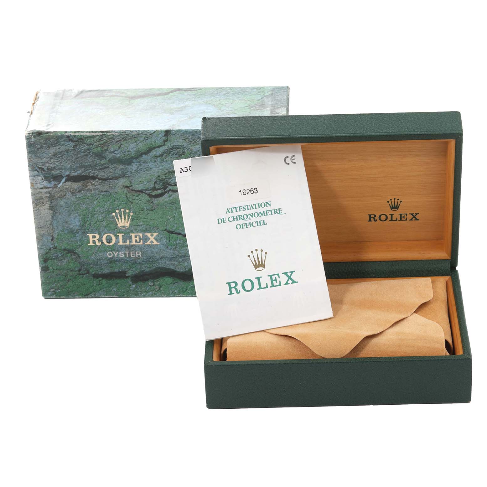 The image shows the packaging and certification for a Rolex Turn-o-Graph 16263 Men's Steel and Gold (two tone) Champagne Dial 16263 Men's Steel and Gold (two tone) Champagne Dial, including the outer box, inner box, and a certificate.