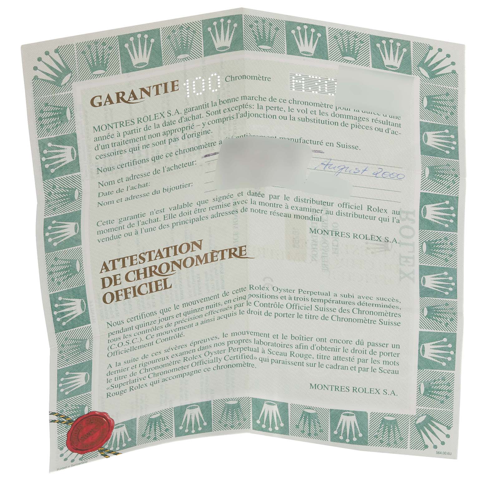 This image shows a top-down view of the warranty certificate for a Rolex Turn-o-Graph 16263 Men's Steel and Gold (two tone) Champagne Dial 16263 Men's Steel and Gold (two tone) Champagne Dial watch.