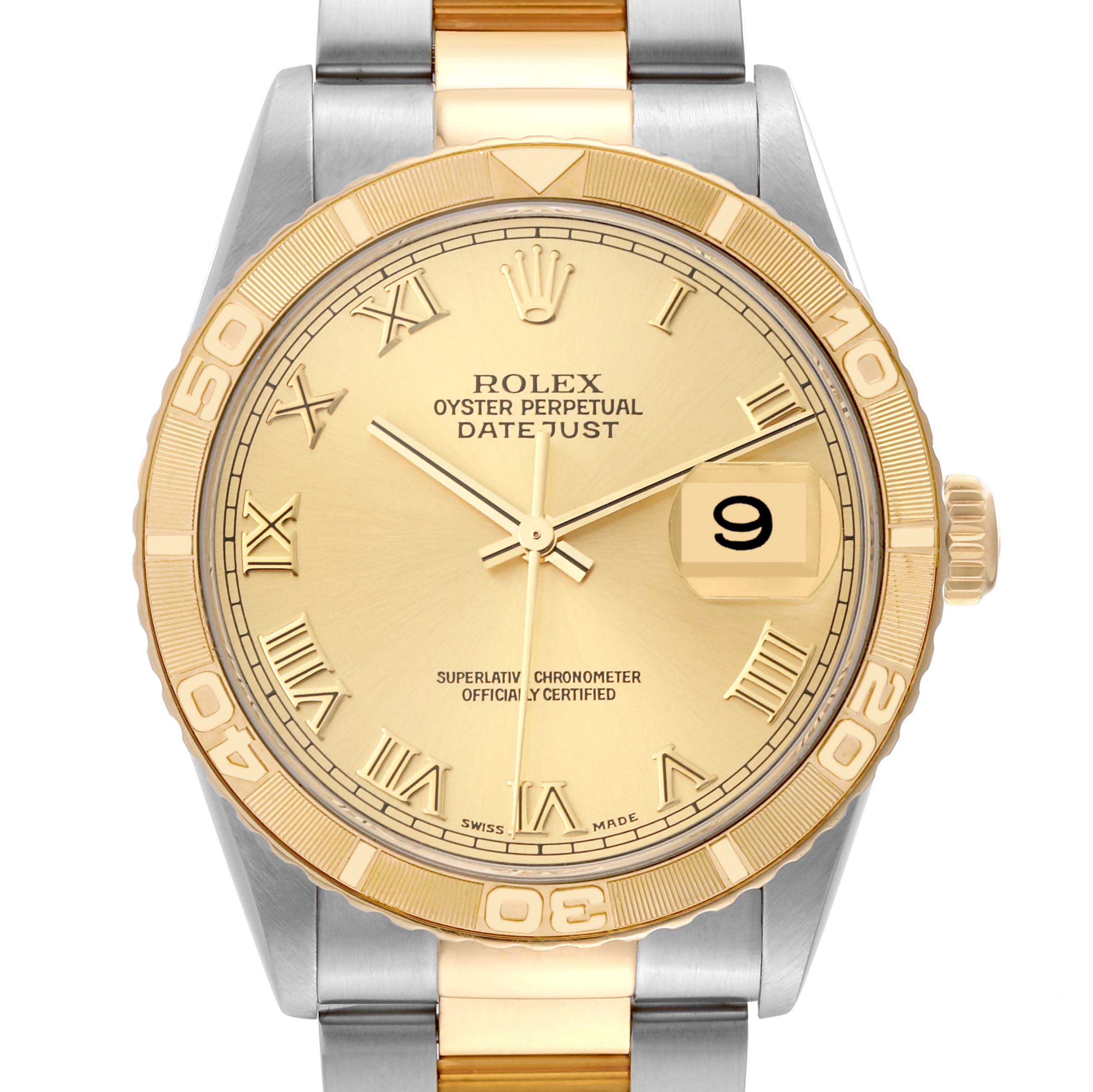 The image shows a front-angle view of a Rolex Turn-o-Graph 16263 Men's Steel and Gold (two tone) Champagne Dial 16263 Men's Steel and Gold (two tone) Champagne Dial watch displaying the face, dial, bezel, and part of the bracelet.
