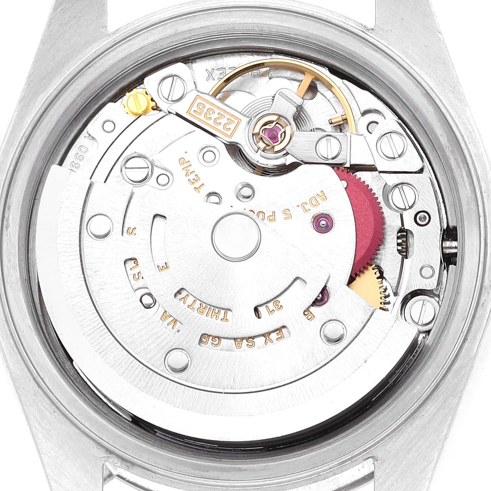 The image shows the back view of a Rolex Datejust 79174 Women's Stainless Steel Black Dial 79174 Women's Stainless Steel Black Dial watch, revealing its intricate mechanical movement and internal components.