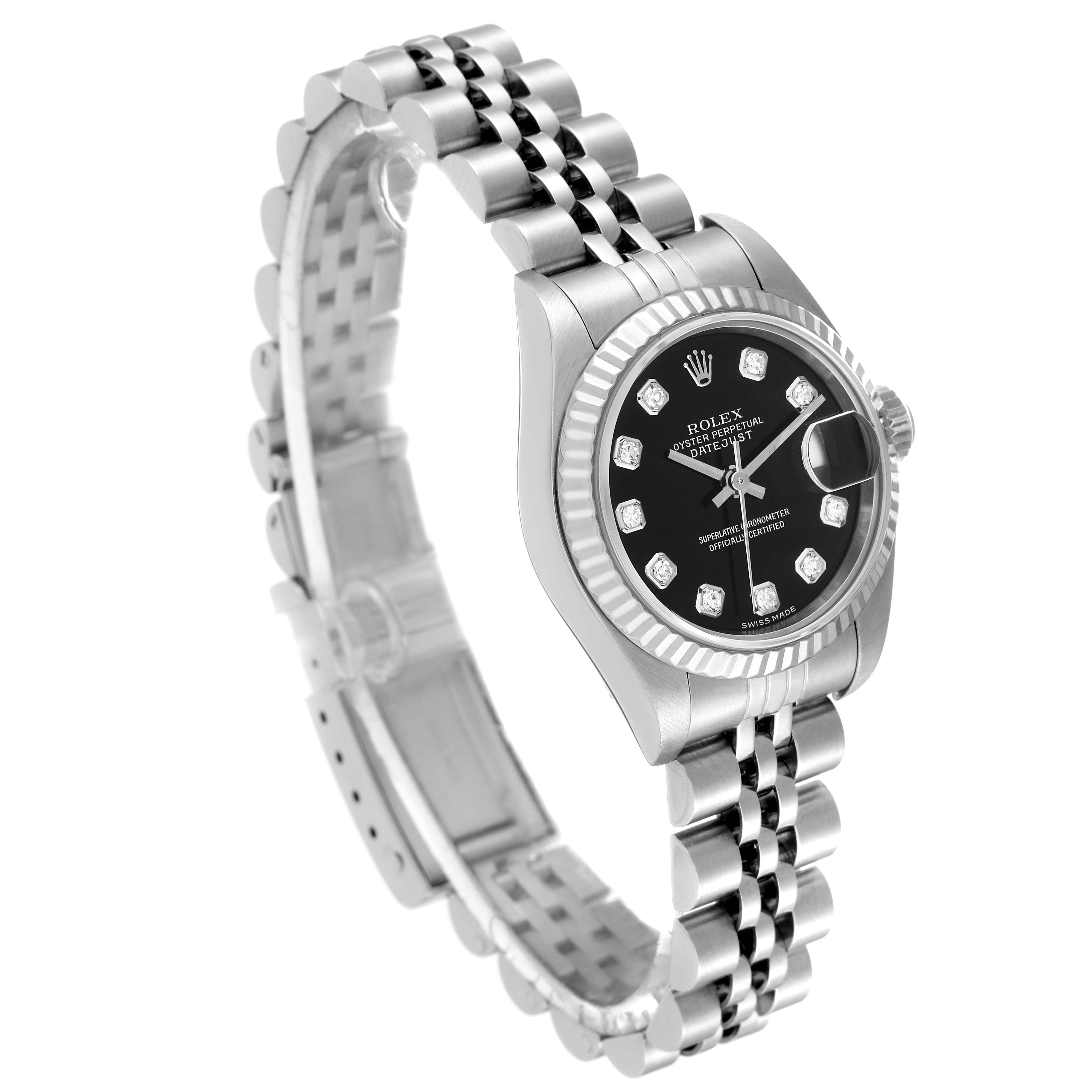 The Rolex Datejust 79174 Women's Stainless Steel Black Dial 79174 Women's Stainless Steel Black Dial watch is shown at a slight side angle, highlighting its bracelet, black dial, and fluted bezel.
