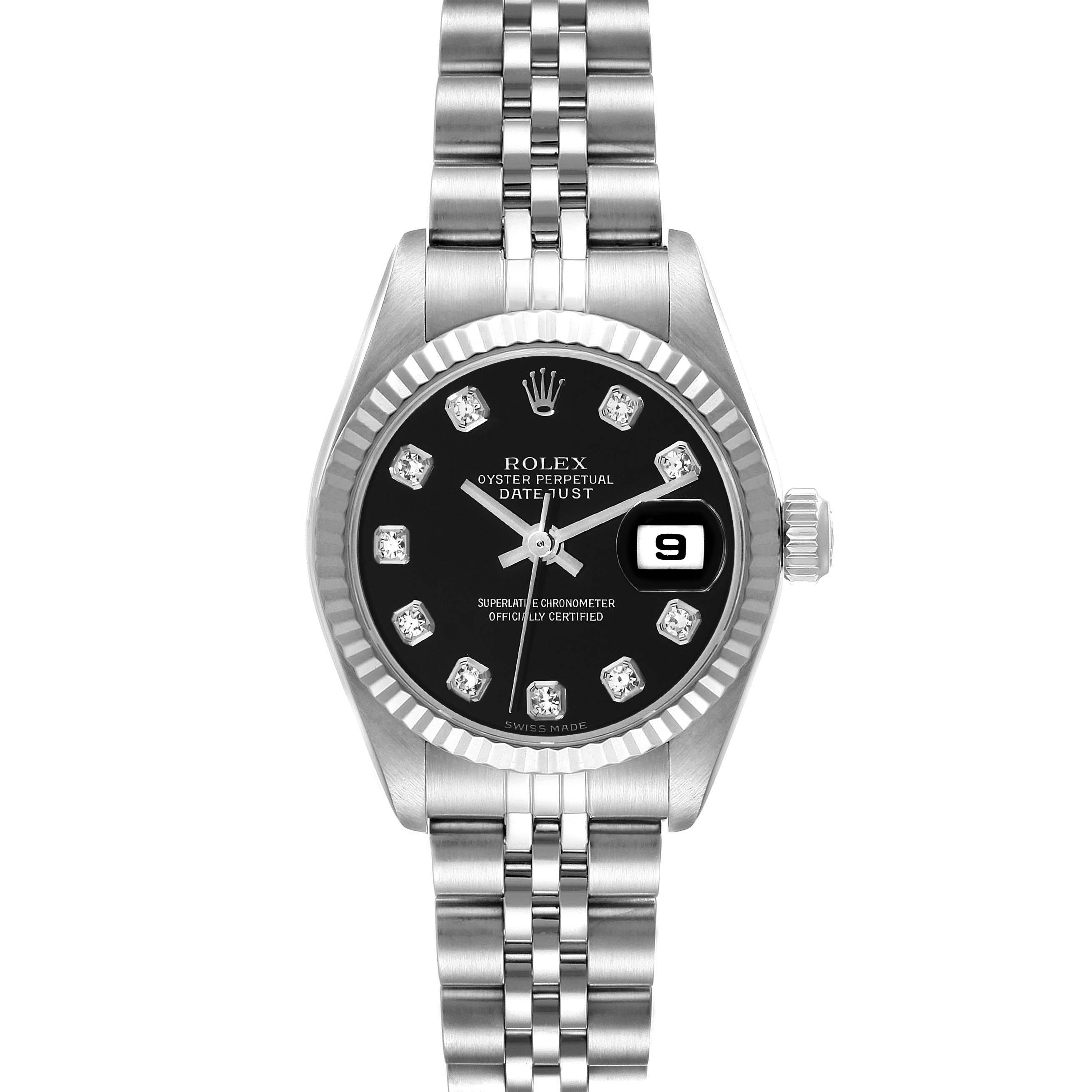 This image shows a frontal view of the Rolex Datejust 79174 Women's Stainless Steel Black Dial 79174 Women's Stainless Steel Black Dial watch, highlighting its black dial, diamond hour markers, and date window.