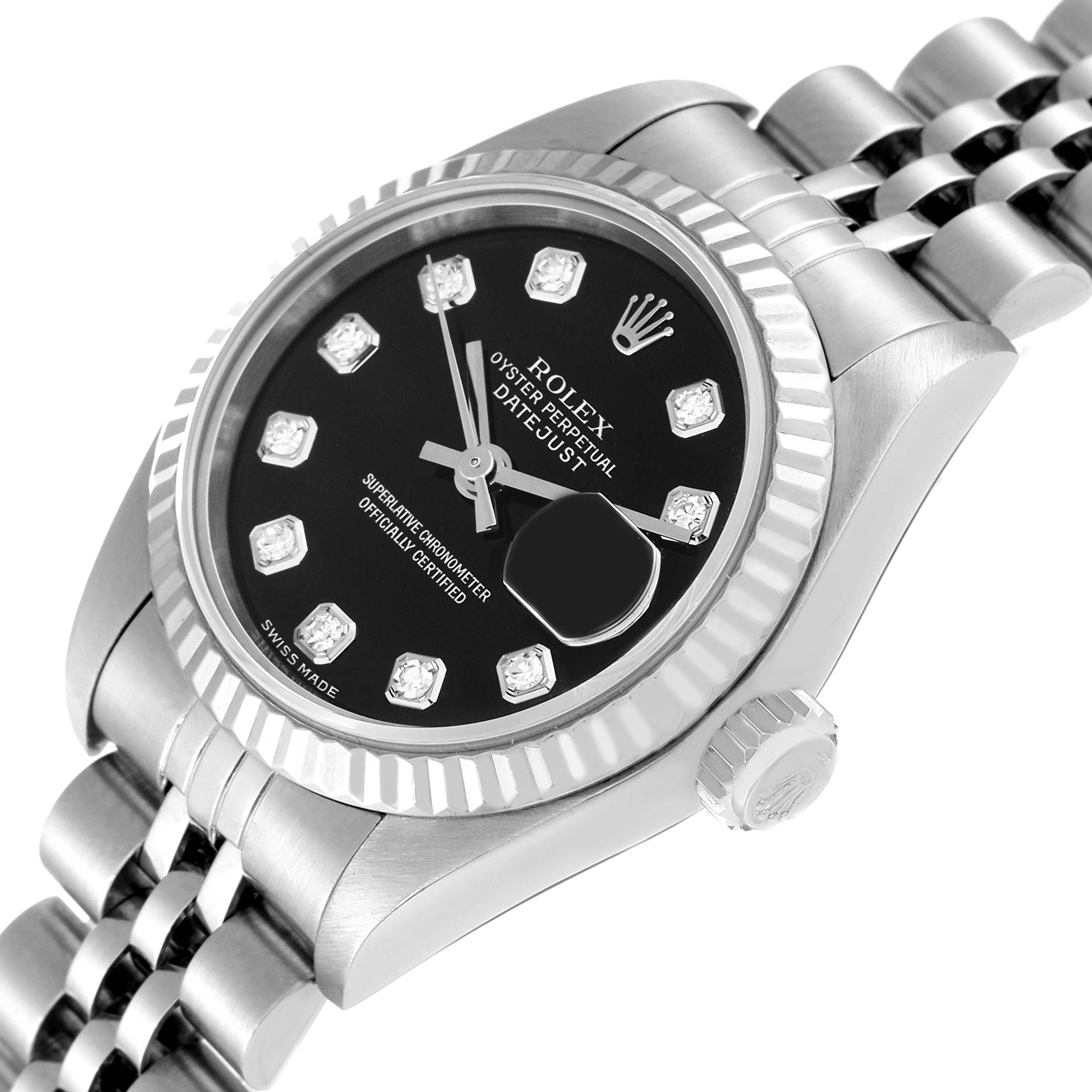 The image shows a close-up angle of the Rolex Datejust 79174 Women's Stainless Steel Black Dial 79174 Women's Stainless Steel Black Dial watch, highlighting its black dial, fluted bezel, crown, and part of the bracelet.