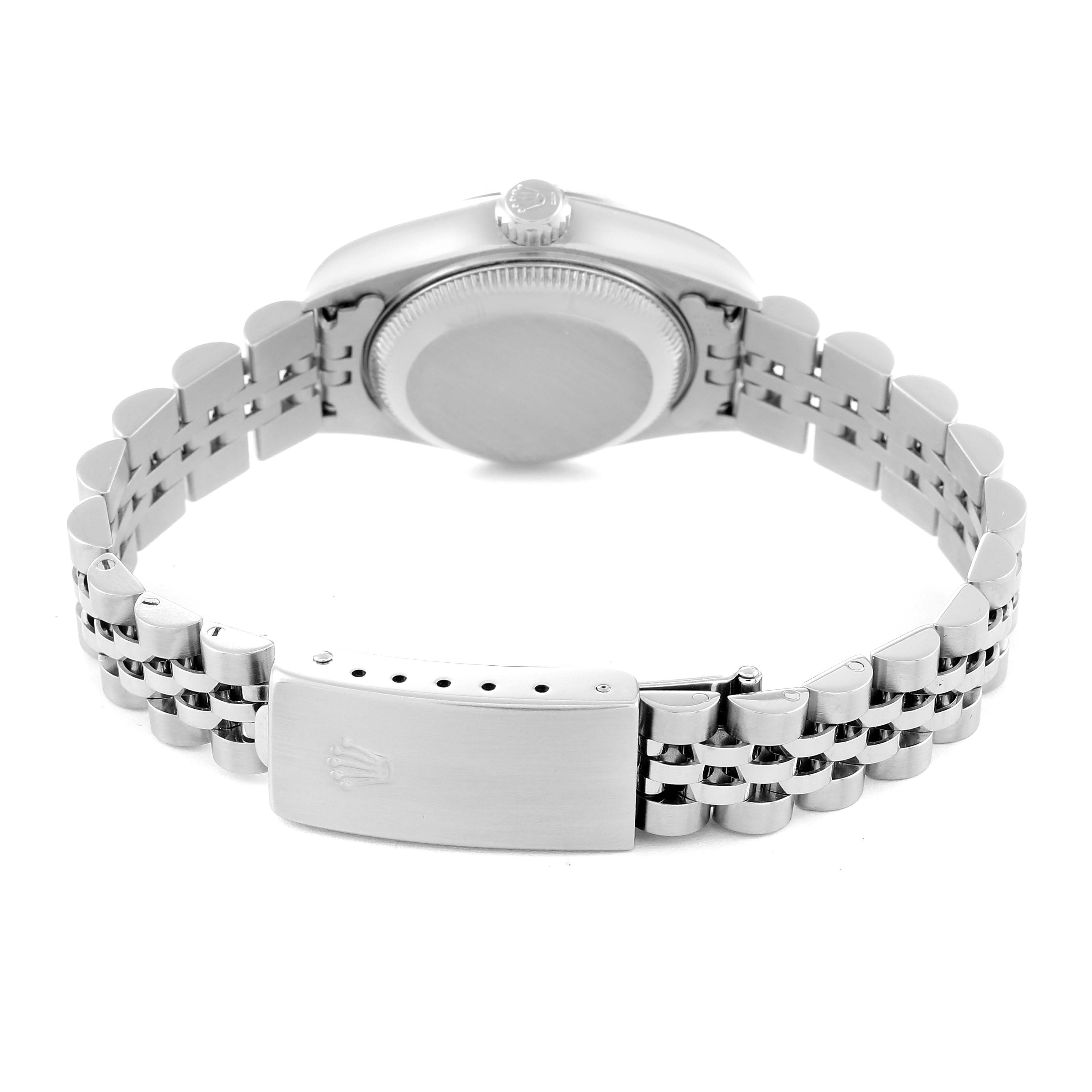 The image shows the back view of a Rolex Datejust 79174 Women's Stainless Steel Black Dial 79174 Women's Stainless Steel Black Dial watch, focusing on the case back and the bracelet's clasp.